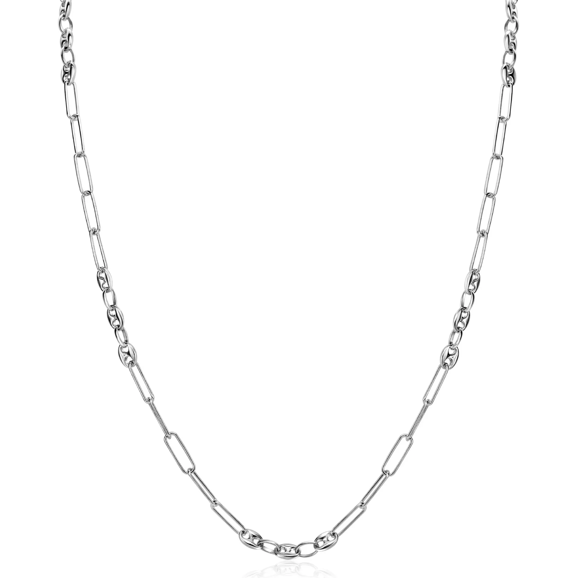 ZINZI zilveren koffieboon schakelketting 45cm, gecombineerd met lange ovale schakels ZIC2467