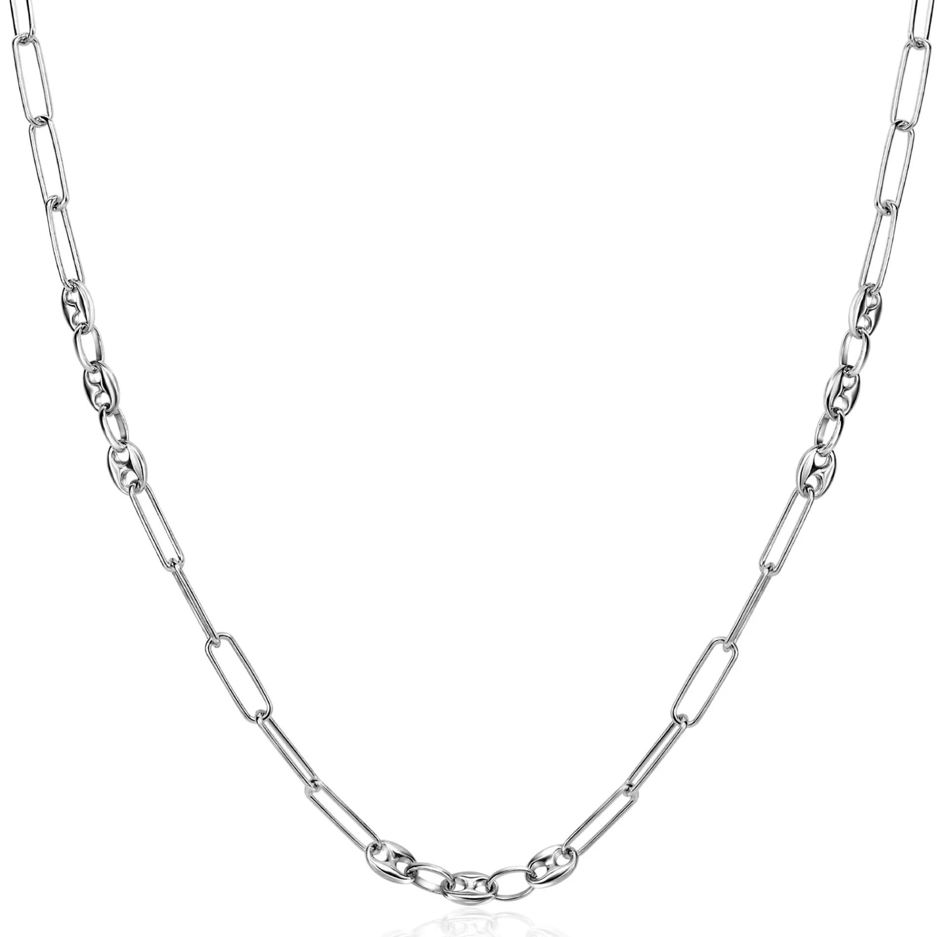 ZINZI zilveren koffieboon schakelketting 45cm, gecombineerd met lange ovale schakels ZIC2467