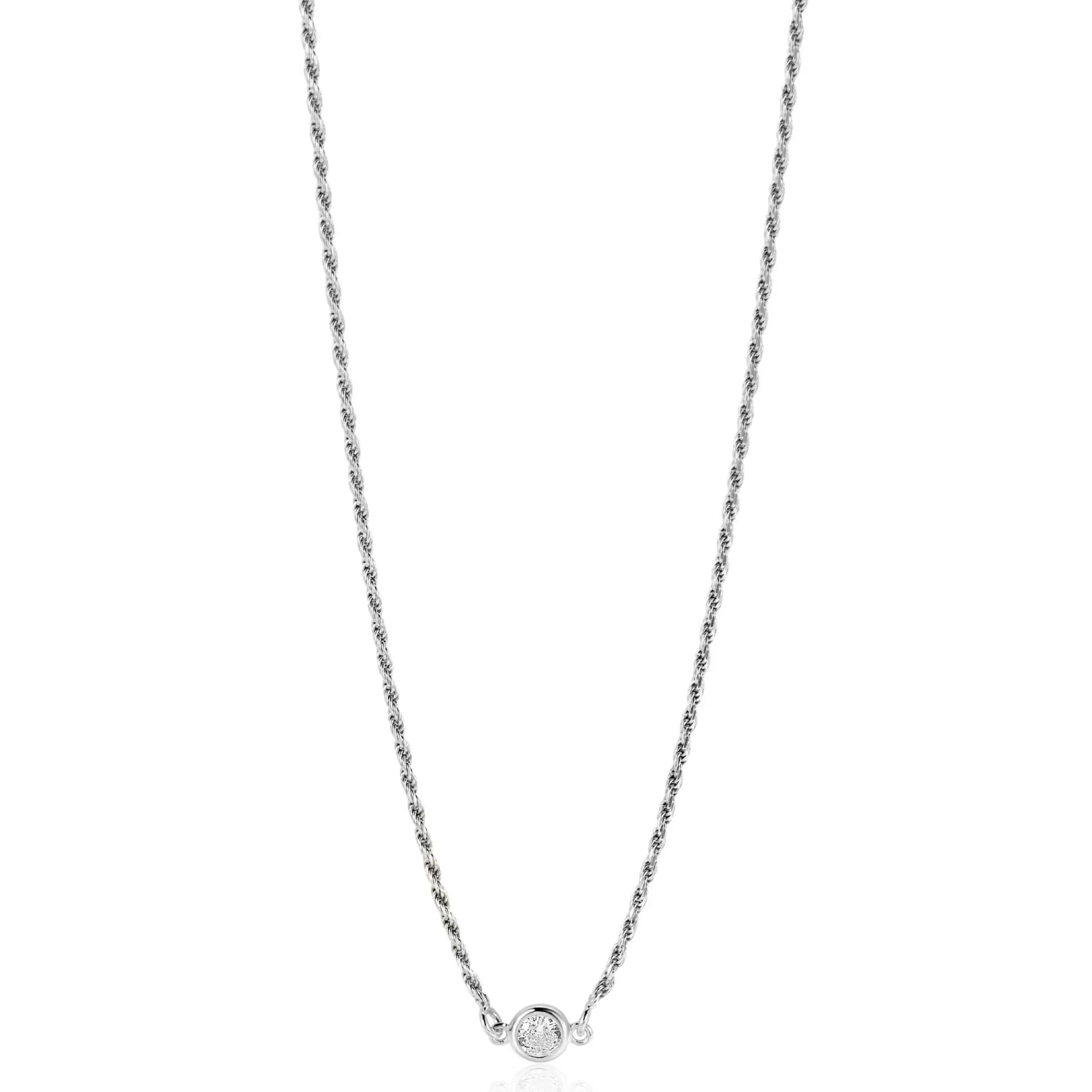 ZINZI zilveren koord ketting bezet met een ronde witte zirconia 40-45cm ZIC2461