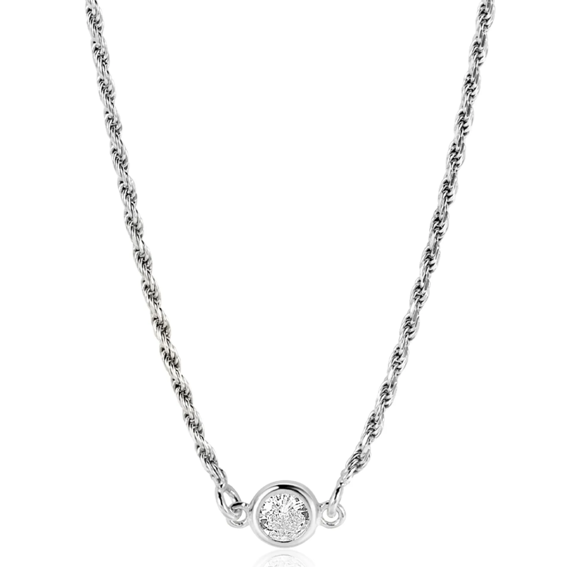 ZINZI zilveren koord ketting bezet met een ronde witte zirconia 40-45cm ZIC2461