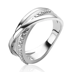 ZINZI zilveren luxe cross-over ring glad met witte zirconia's ZIR1774