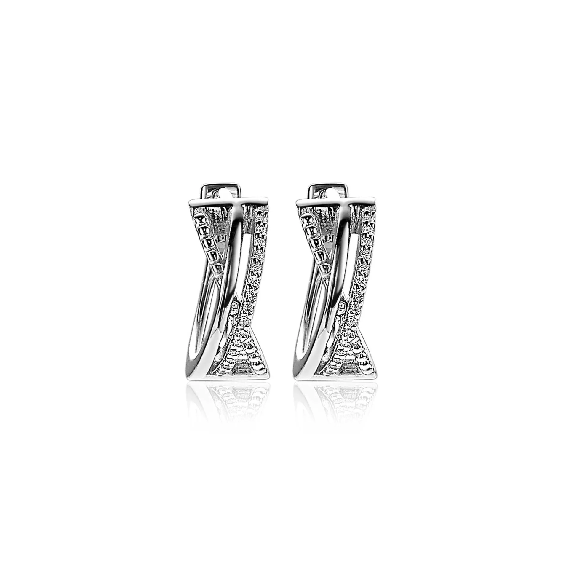 ZINZI zilveren luxe cross-over oorringen (15 x 6mm) bolletjes glad witte zirconia's ZIO2141