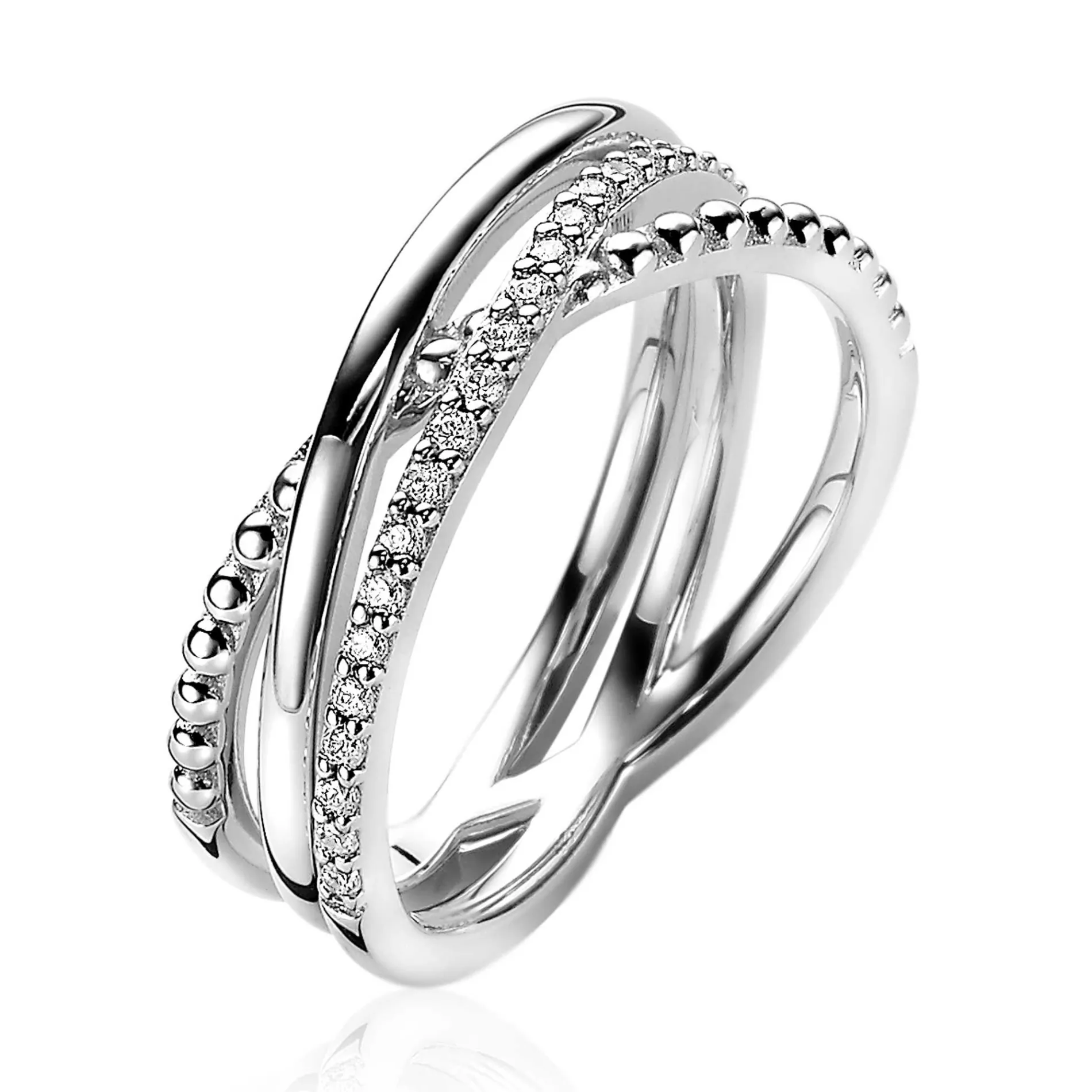 ZINZI zilveren luxe cross-over ring bolletjes glad witte zirconia's ZIR2141