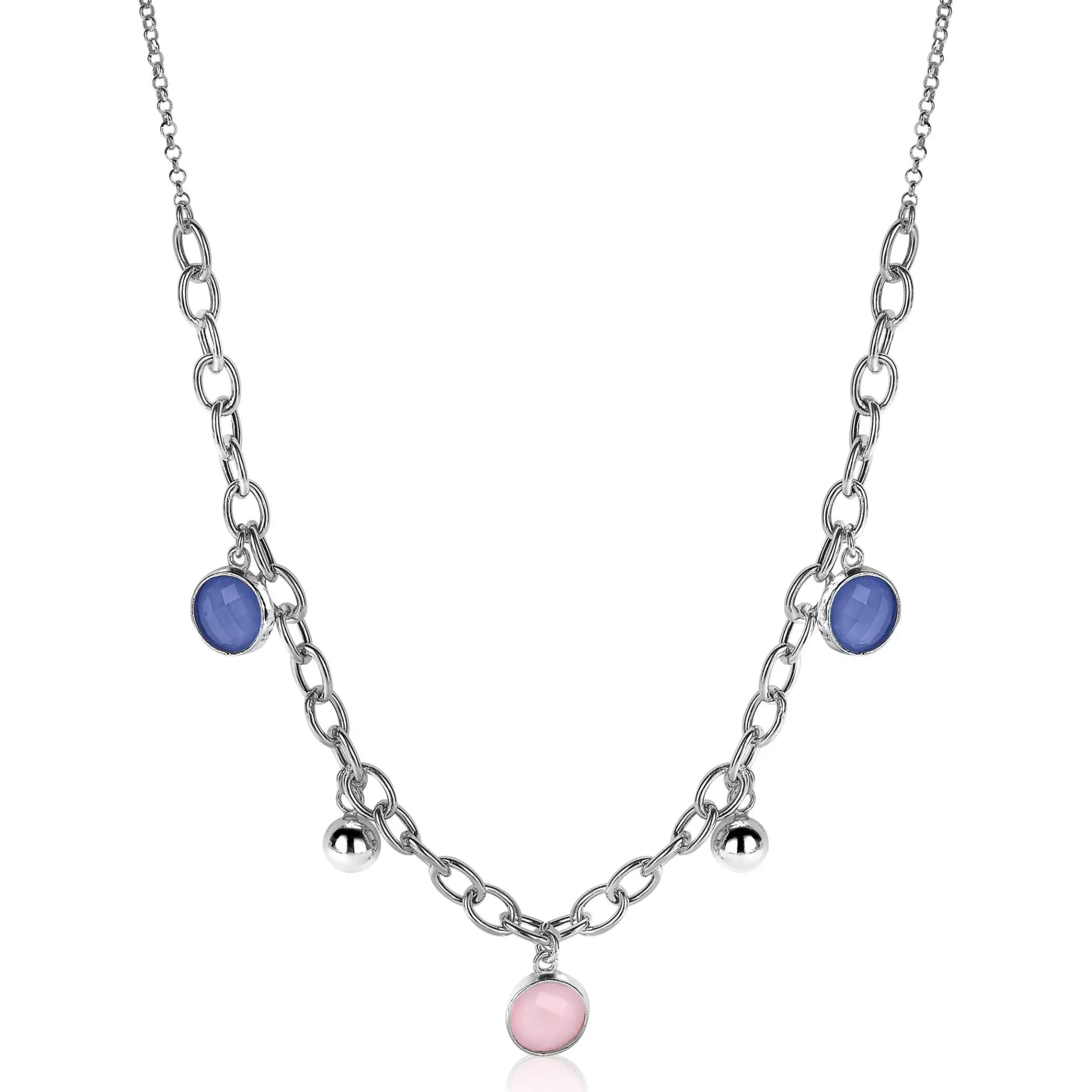 ZINZI zilveren luxe jasseron ketting 45cm met bolletjes en bedels rond in roze en blauw ZIC2005