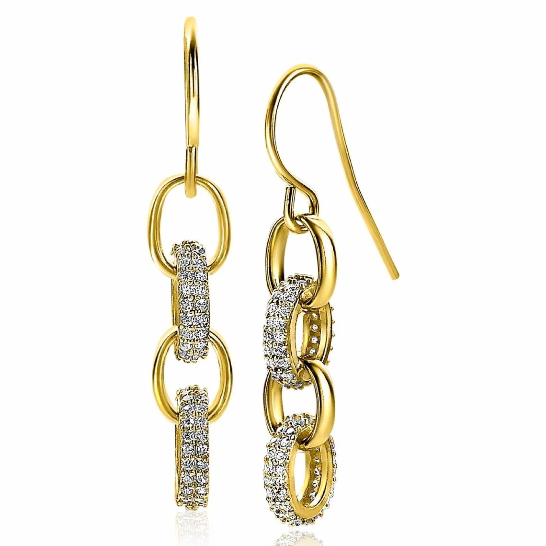 ZINZI zilveren luxe oorhangers 14K geel verguld 35mm ovale schakels witte zirconia ZIO2203Y