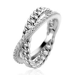 ZINZI zilveren luxe ring met cross-over design, bezet met witte zirconia's en gourmet schakels ZIR2326