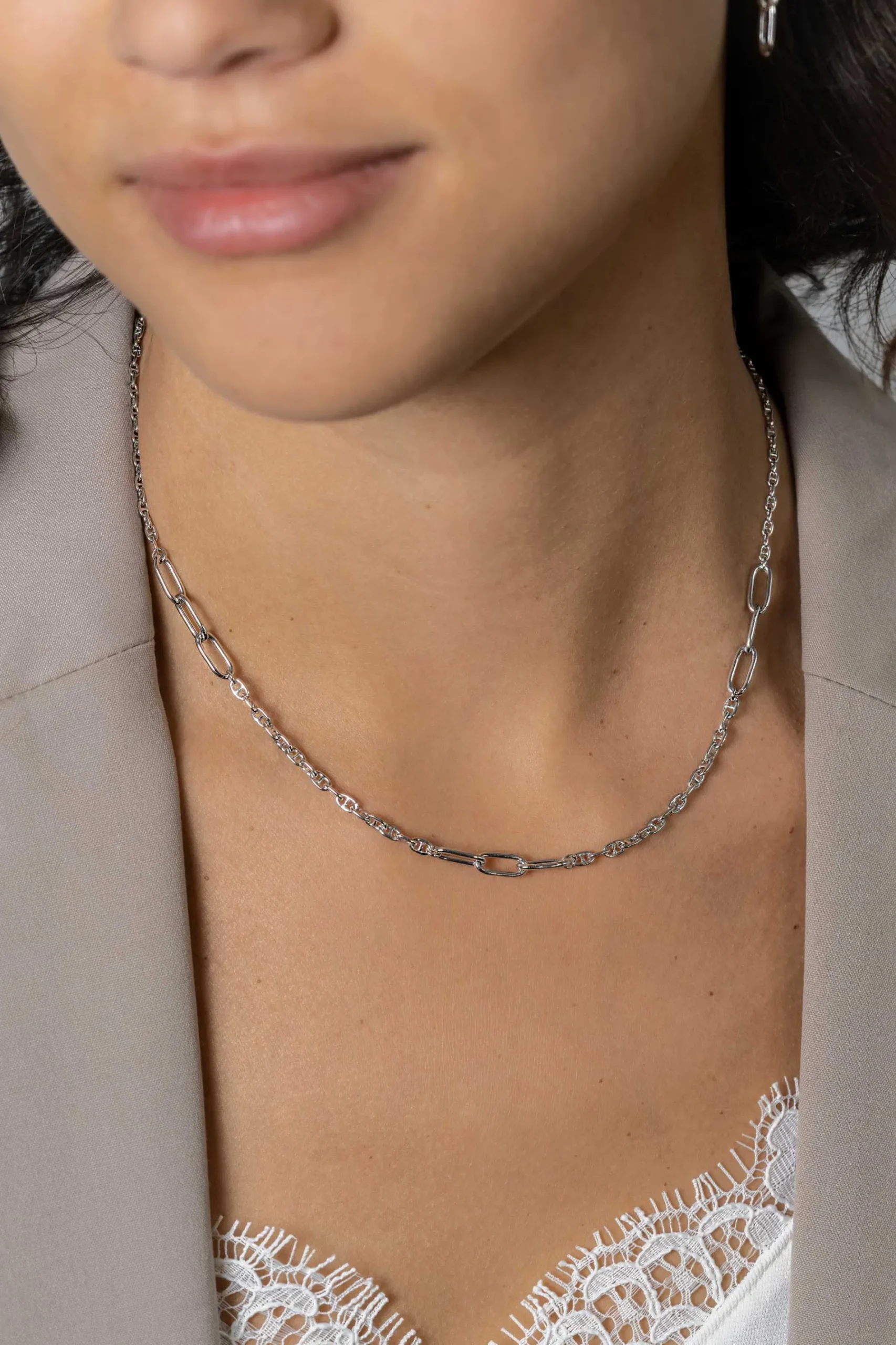 ZINZI zilveren marine schakel ketting, gecombineerd met grotere ovale schakels 42-45cm ZIC2413