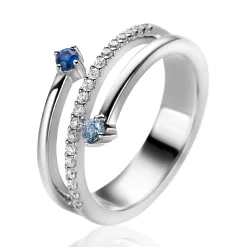 ZINZI zilveren multi-look ring (9mm breed) met 3 rijen, bezet met blauwe kleurstenen en witte zirconia's ZIR2646B