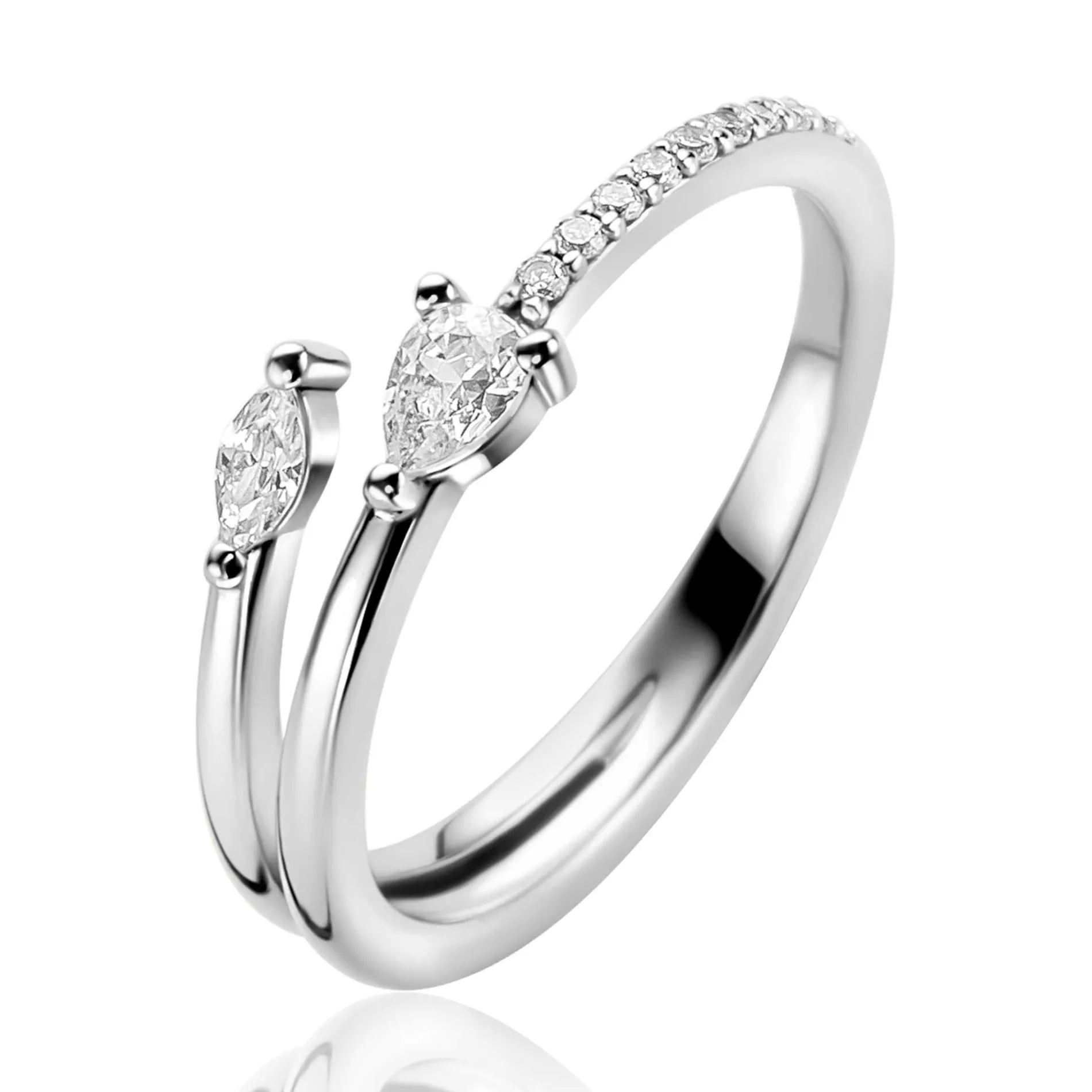 ZINZI zilveren multi-look ring (4mm breed) met een peervormige en ovale witte zirkonia ZIR2689