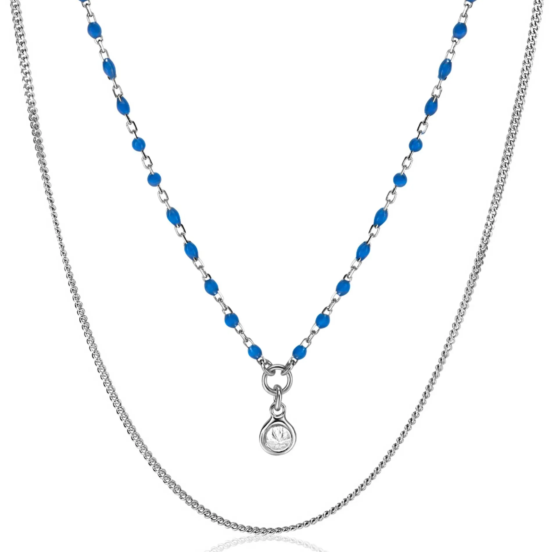 ZINZI zilveren multilook ketting met gourmet en blauwe bolletjes schakels, ronde zetting met witte zirconia 42-45cm ZIC2529