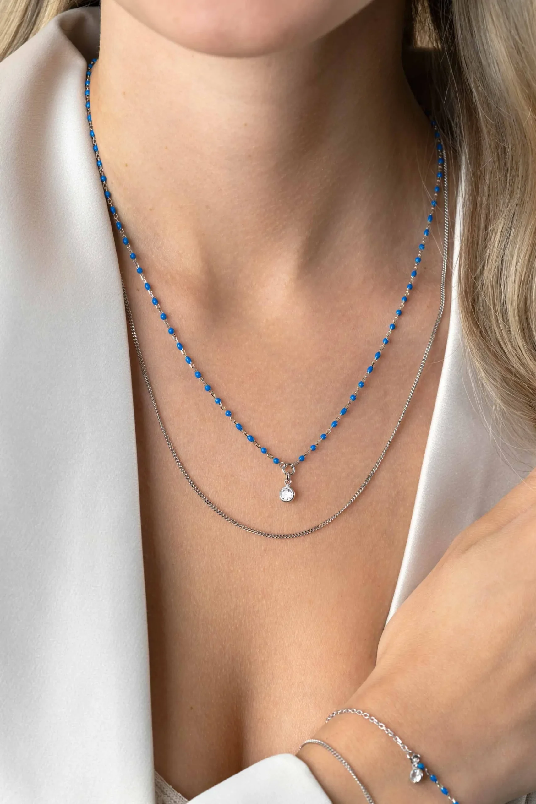 ZINZI zilveren multilook ketting met gourmet en blauwe bolletjes schakels, ronde zetting met witte zirconia 42-45cm ZIC2529