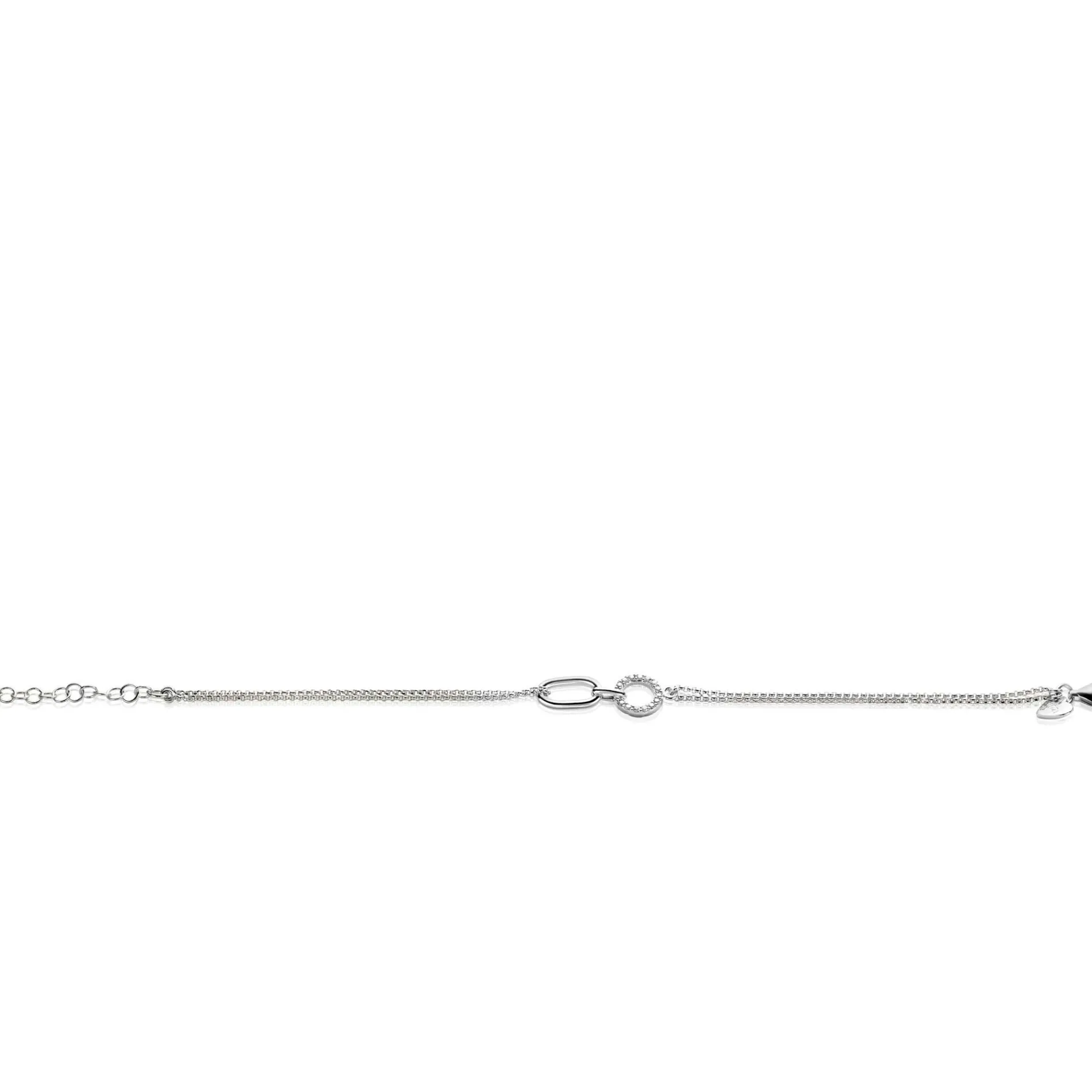 ZINZI zilveren multi-look armband met twee kettinkjes, verbonden aan een ovale schakel en open rondje bezet met witte zirconia's 17-20cm ZIA2463