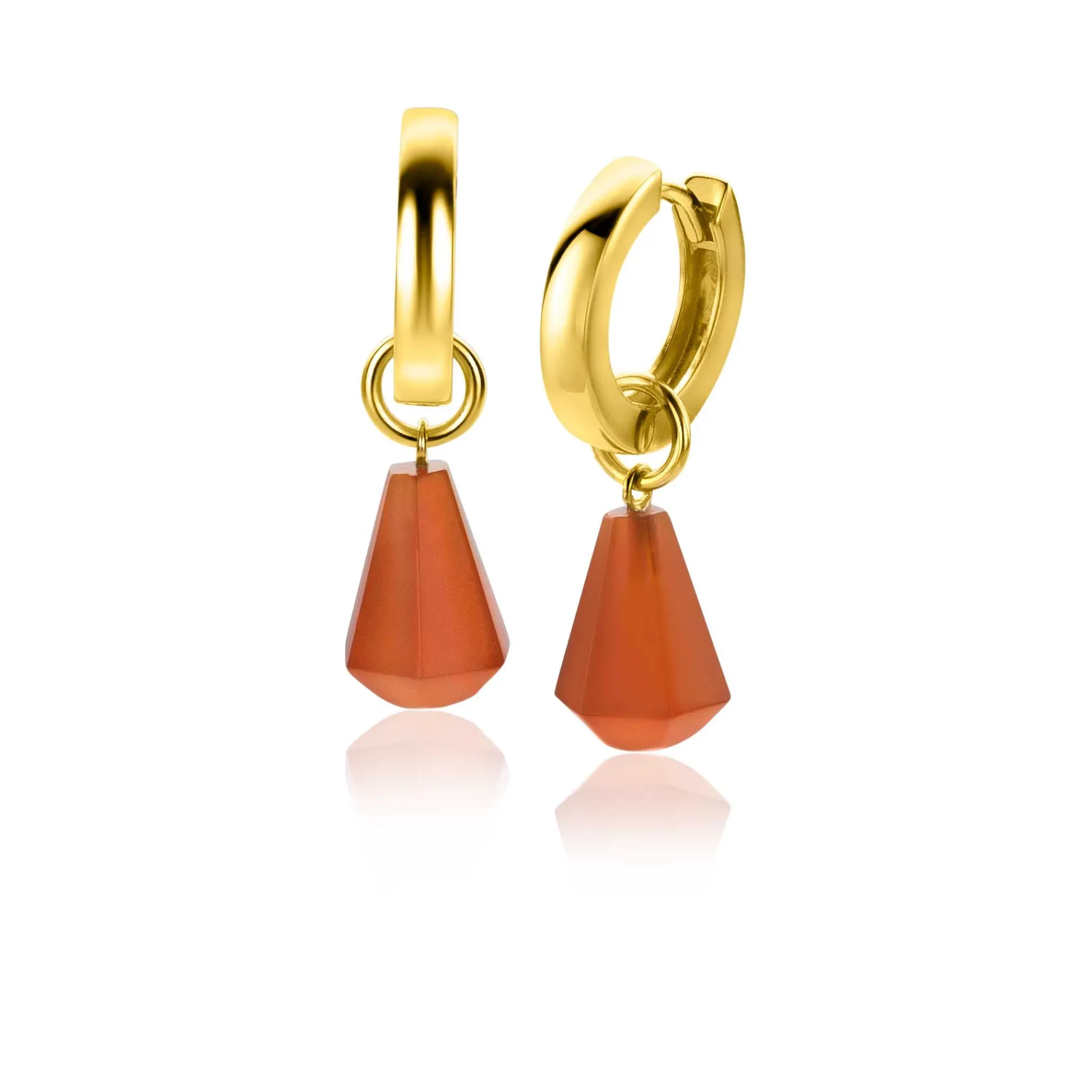 ZINZI zilveren oorbedels 14K geel verguld in kegelvorm met koraalrood agaat 8mm ZICH2256R (zonder oorringen)