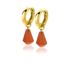 ZINZI zilveren oorbedels 14K geel verguld in kegelvorm met koraalrood agaat 8mm ZICH2256R (zonder oorringen)