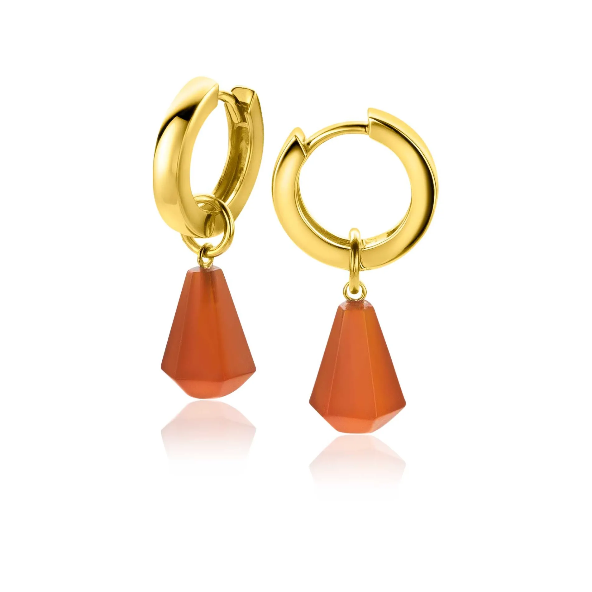 ZINZI zilveren oorbedels 14K geel verguld in kegelvorm met koraalrood agaat 8mm ZICH2256R (zonder oorringen)