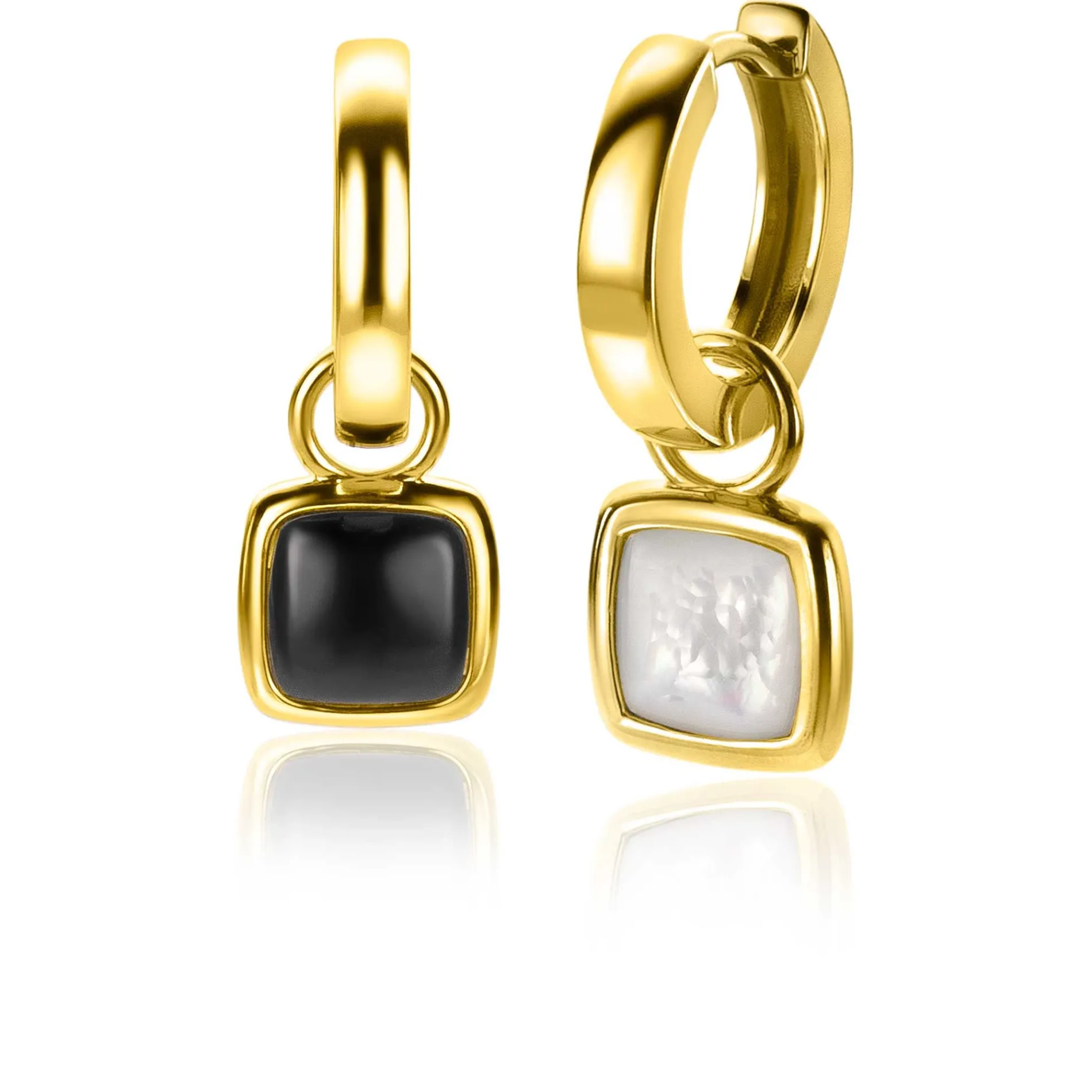 ZINZI zilveren oorbedels extra 14K geel verguld vierkant tweezijdig zwarte onyx en witte parelmoer 10mm ZICH2257G (zonder oorringen)