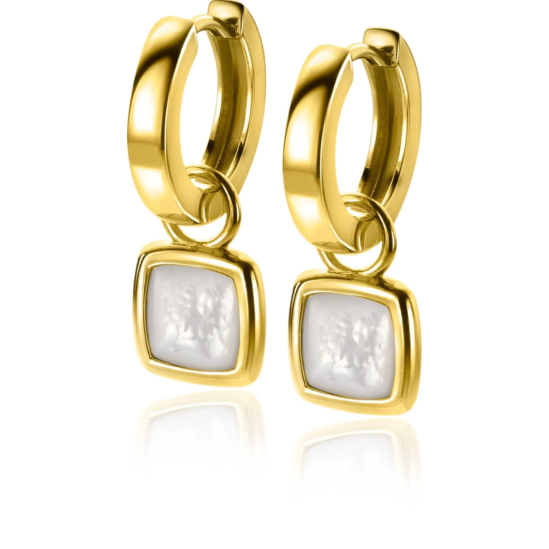 ZINZI zilveren oorbedels extra 14K geel verguld vierkant tweezijdig zwarte onyx en witte parelmoer 10mm ZICH2257G (zonder oorringen)