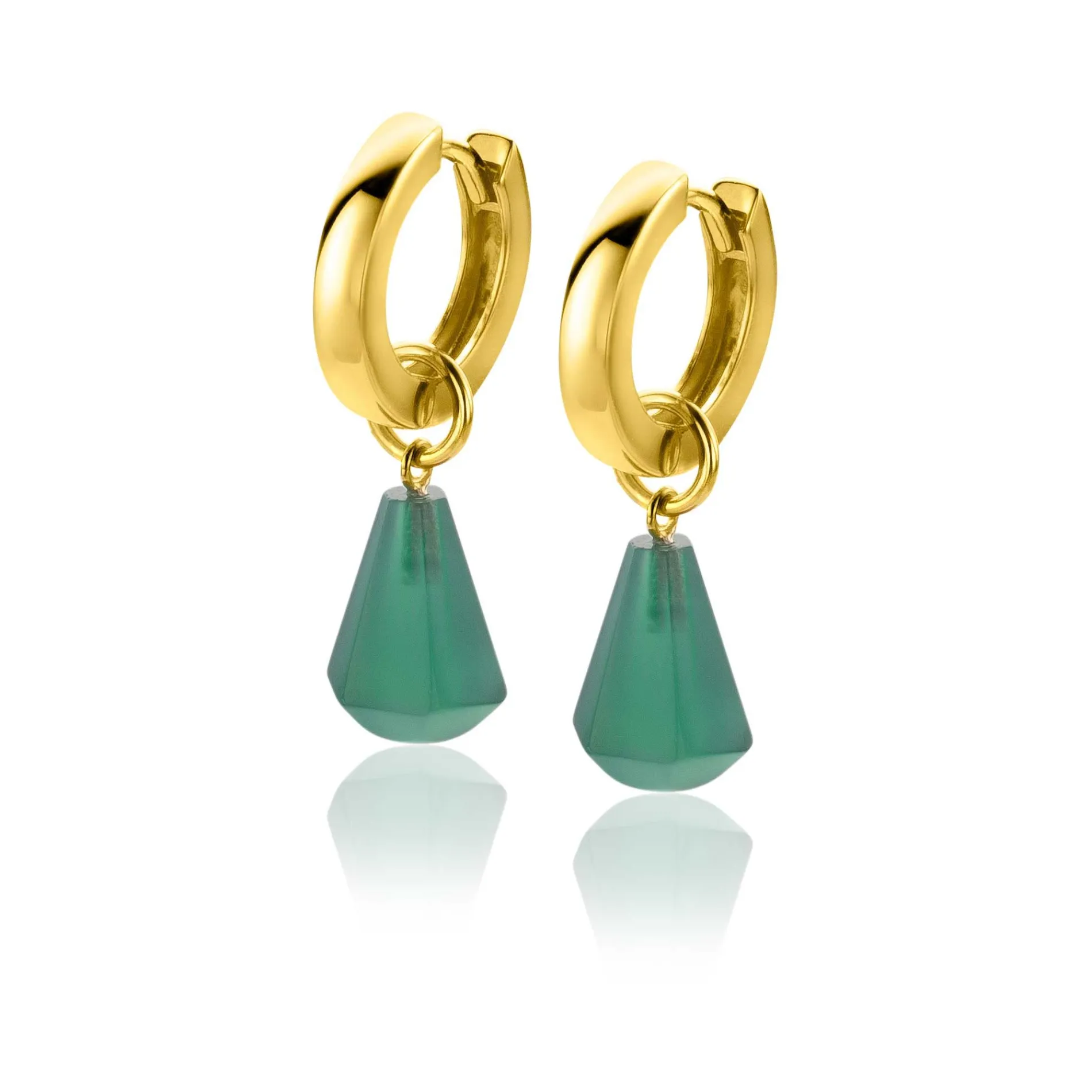ZINZI zilveren oorbedels 14K geel verguld in kegelvorm met groen agaat 8mm ZICH2256G (zonder oorringen)