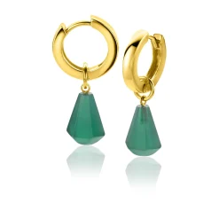 ZINZI zilveren oorbedels 14K geel verguld in kegelvorm met groen agaat 8mm ZICH2256G (zonder oorringen)