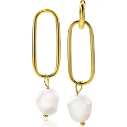 ZINZI zilveren oorbedels 14K geel verguld 43mm ovaal witte parel ZICH2188G (zonder oorringen)
