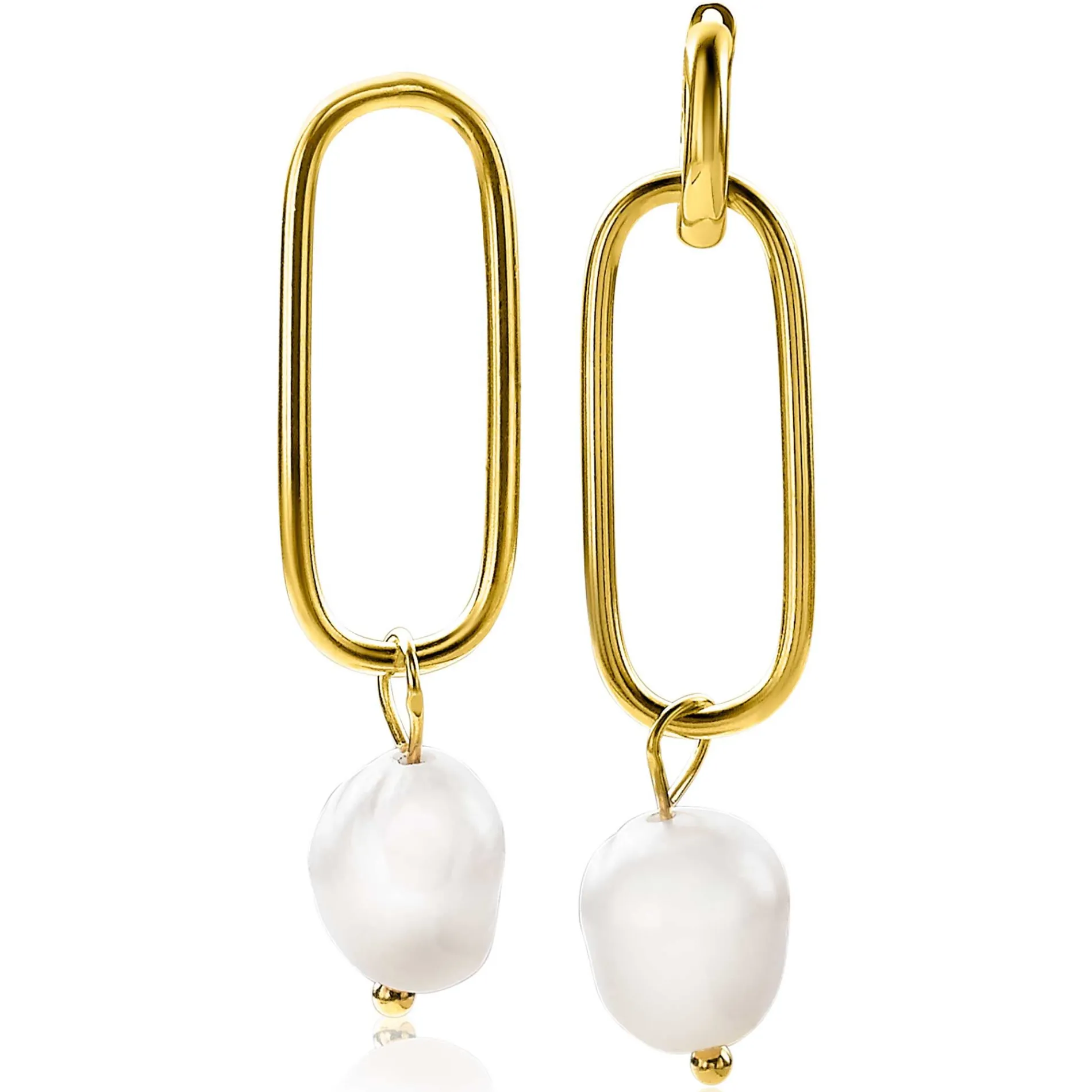 ZINZI zilveren oorbedels 14K geel verguld 43mm ovaal witte parel ZICH2188G (zonder oorringen)