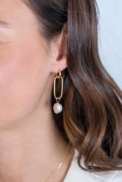 ZINZI zilveren oorbedels 14K geel verguld 43mm ovaal witte parel ZICH2188G (zonder oorringen)