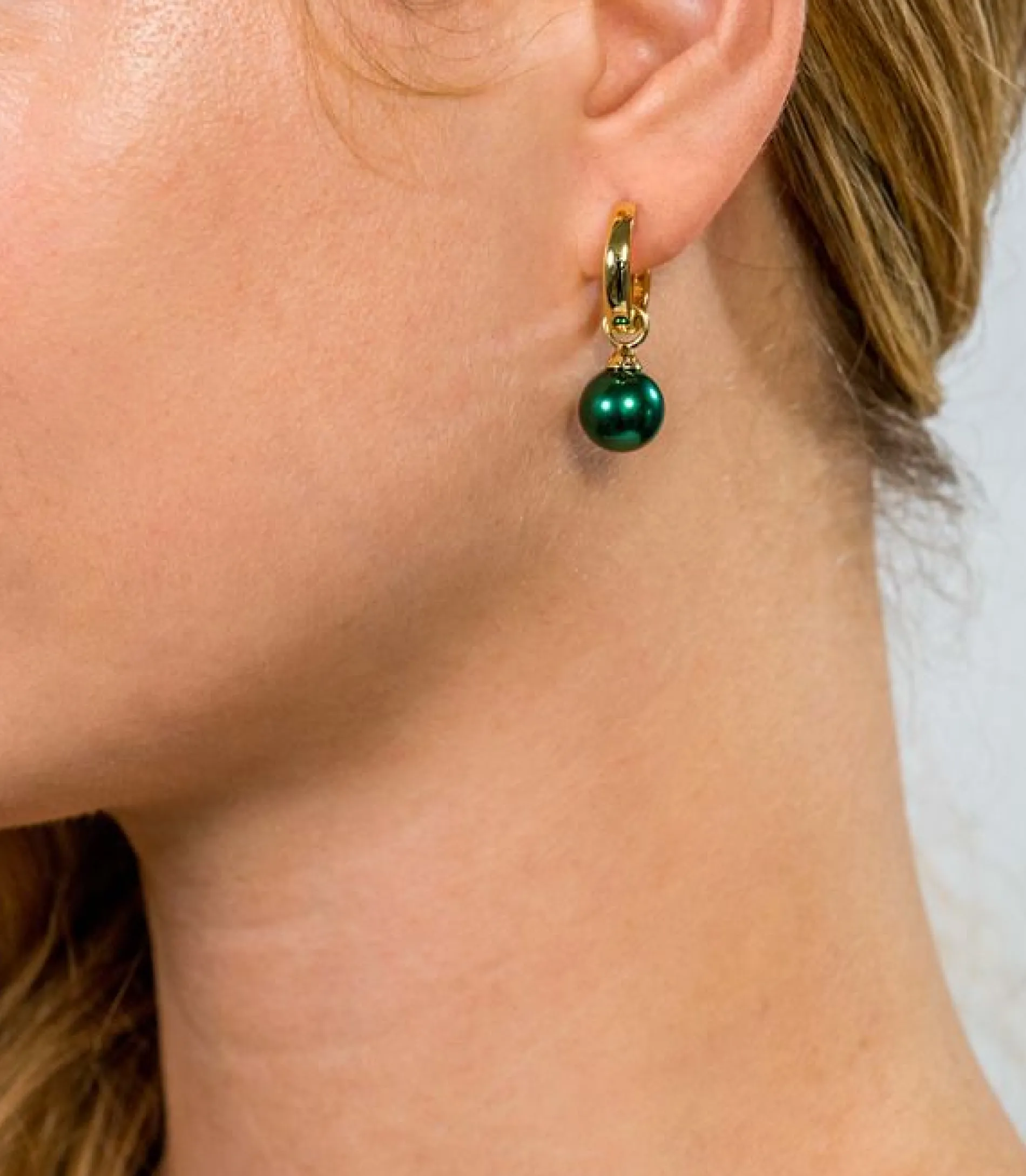 ZINZI zilveren oorbedels geel verguld parel rond groen 10mm ZICH266GG (zonder oorringen)