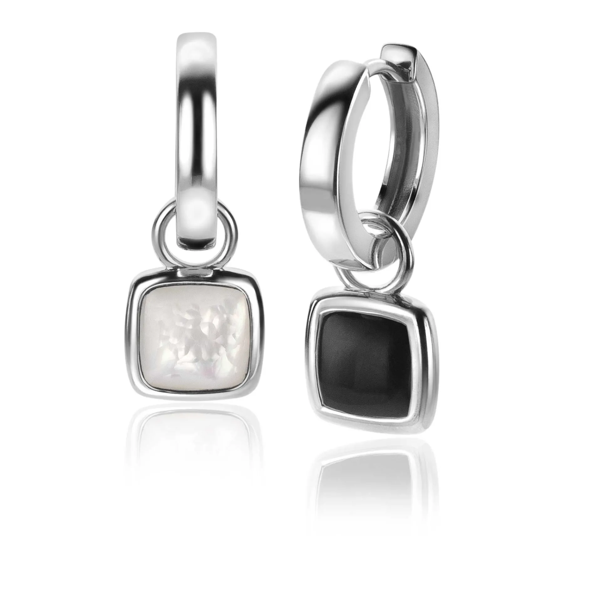ZINZI zilveren oorbedels vierkant tweezijdig zwarte onyx en witte parelmoer 10mm ZICH2257 (zonder oorringen)