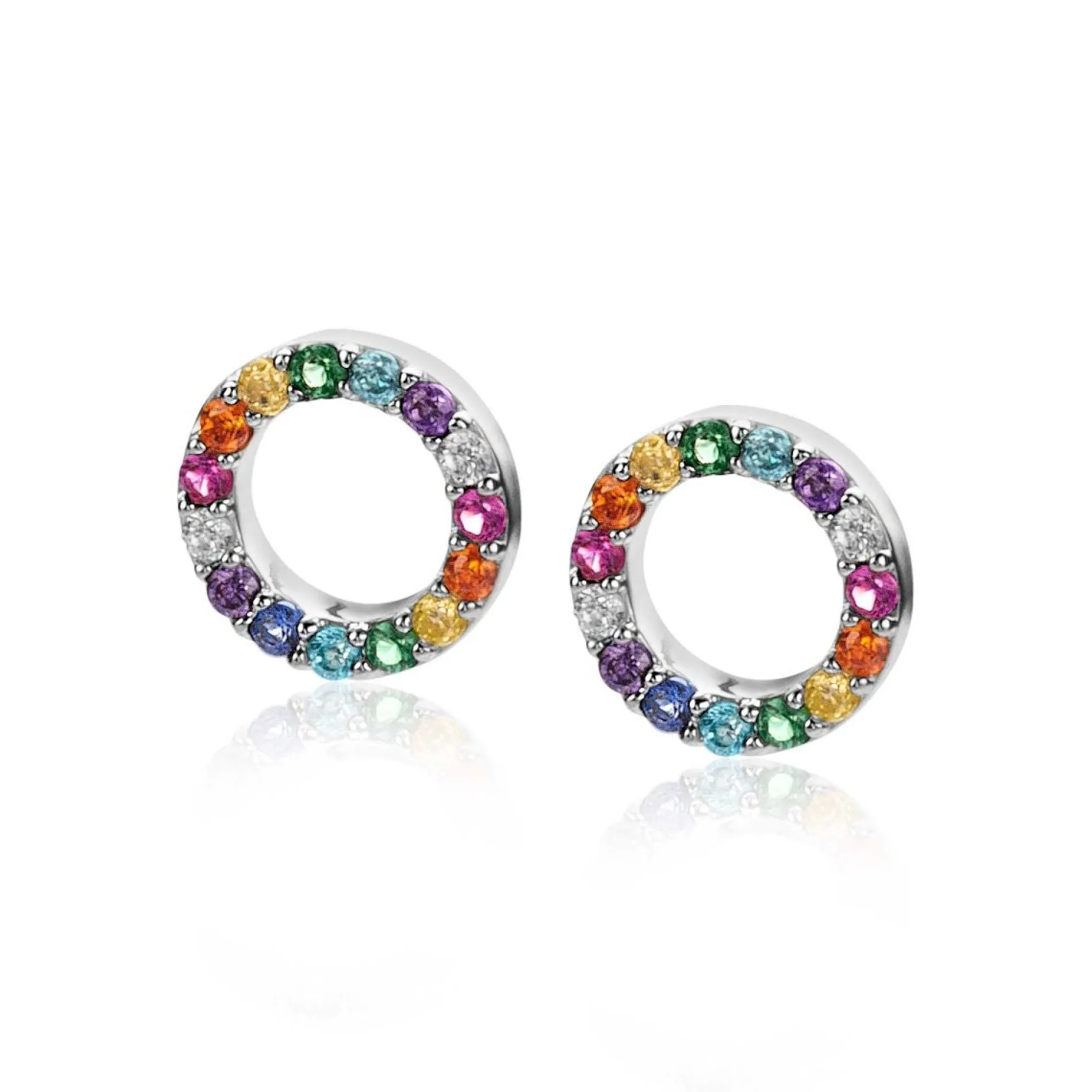 ZINZI zilveren oorbedels rond 8mm bezet regenboog kleuren ZICH2170Z (zonder oorringen)