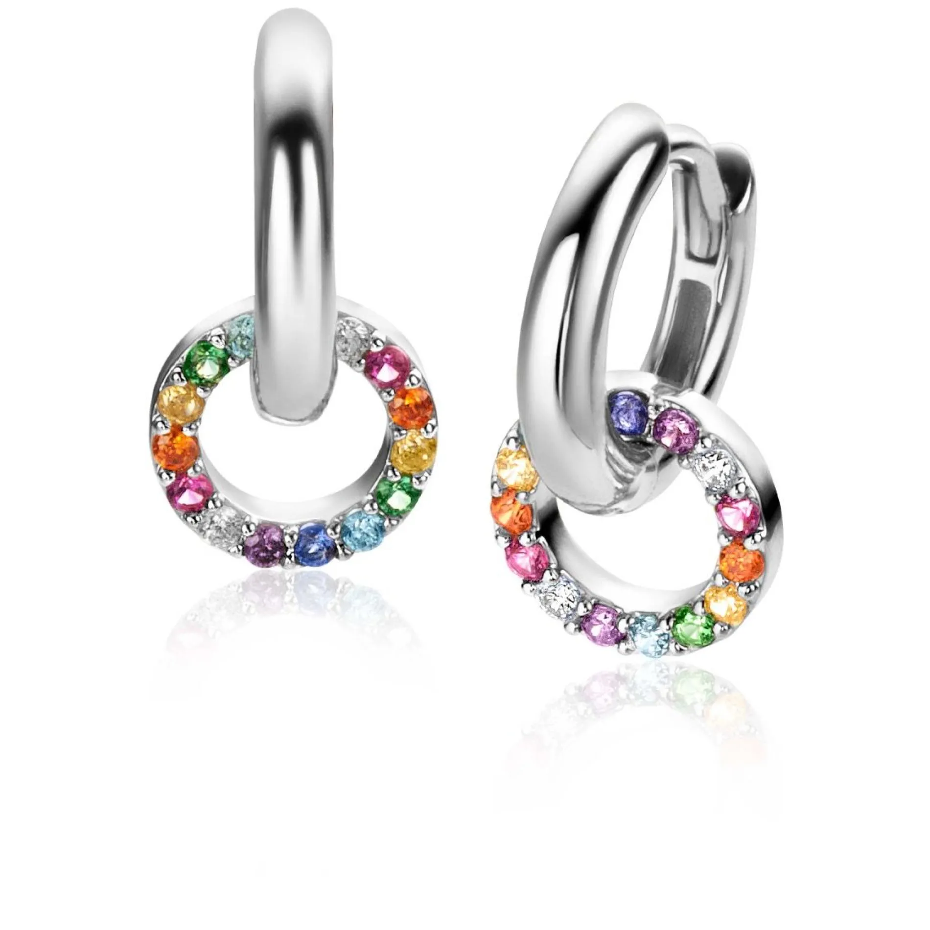 ZINZI zilveren oorbedels rond 8mm bezet regenboog kleuren ZICH2170Z (zonder oorringen)