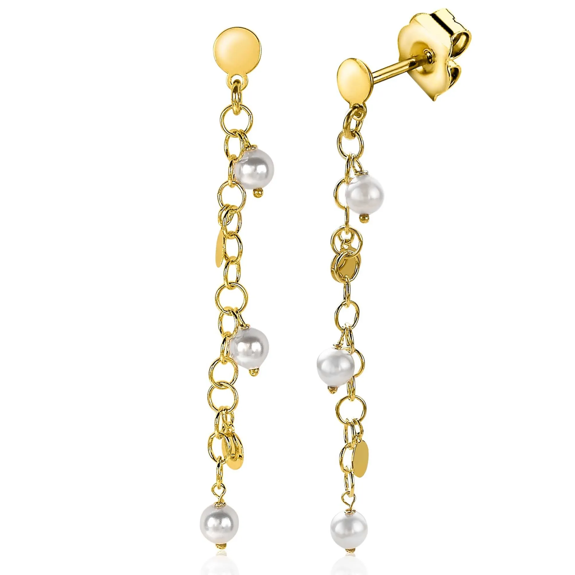 ZINZI zilveren oorhangers 50mm 14K geel verguld ronde plaatjes en witte parels ZIO2186G