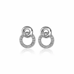 ZINZI zilveren oorknoppen 11mm verbonden rondjes glad en witte zirconia ZIO2045