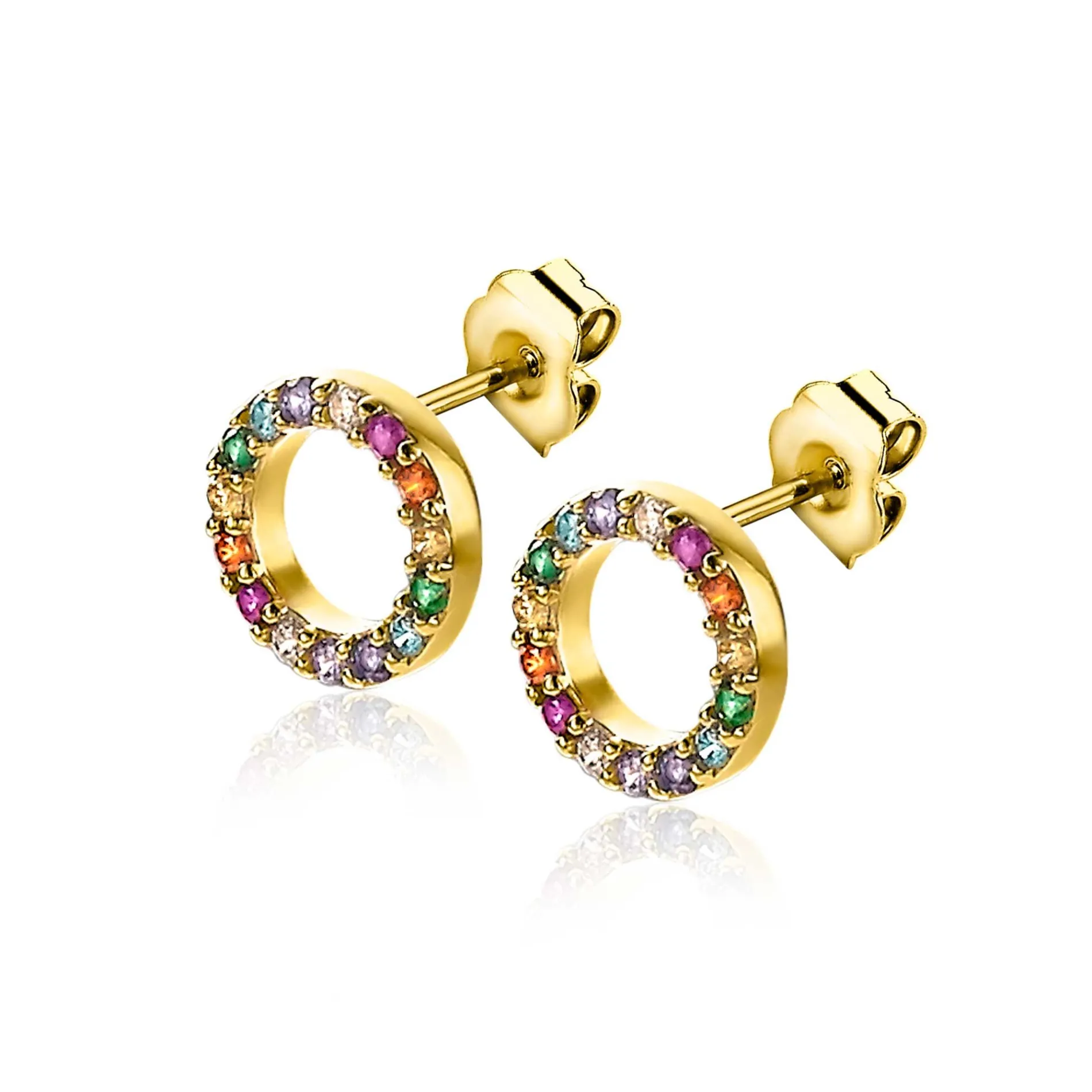 ZINZI zilveren oorknoppen 14K geel verguld 8mm bezet regenboog ZIO2170