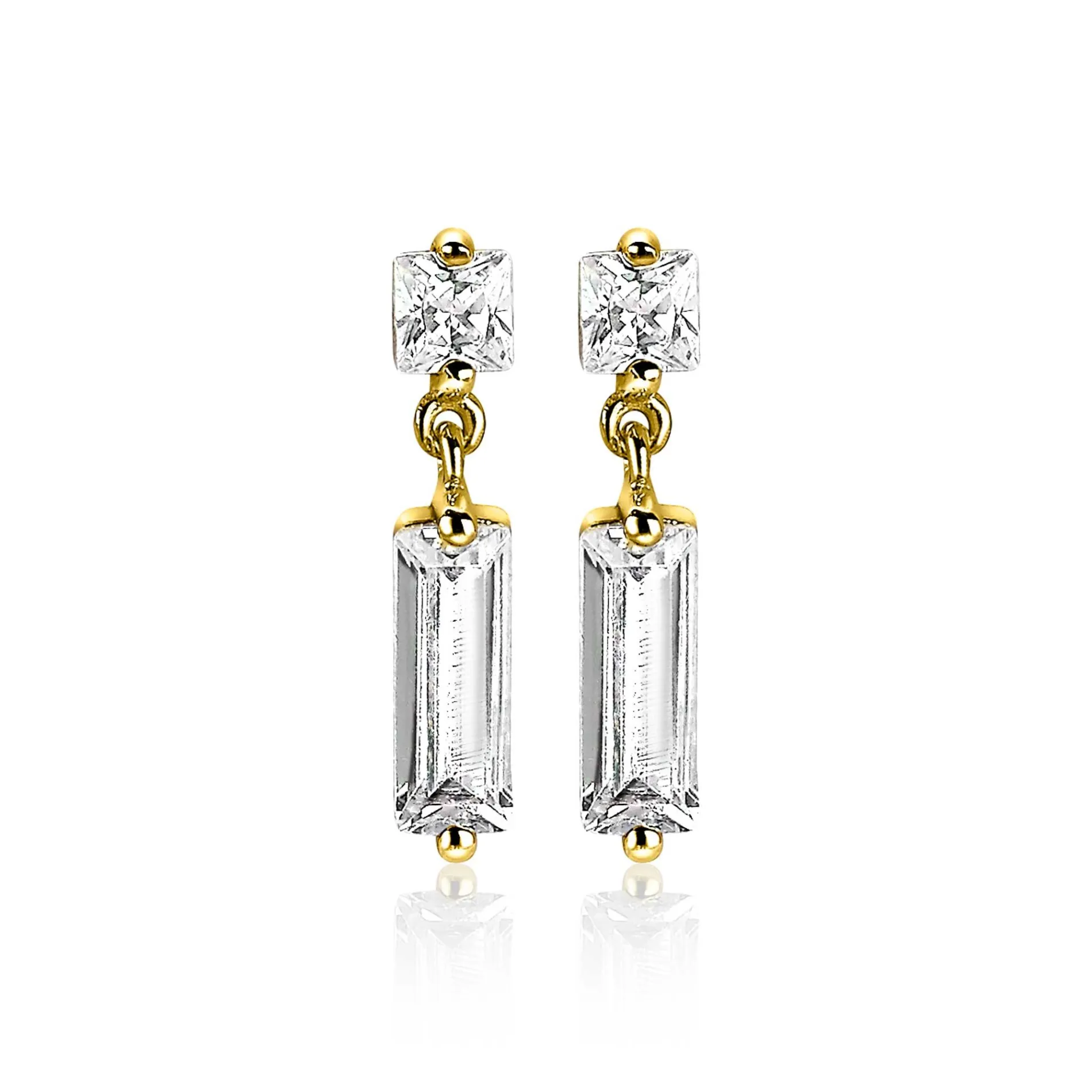 ZINZI zilveren oorsieraden geel verguld 15mm baguette rechthoek vierkant wit ZIO2056Y