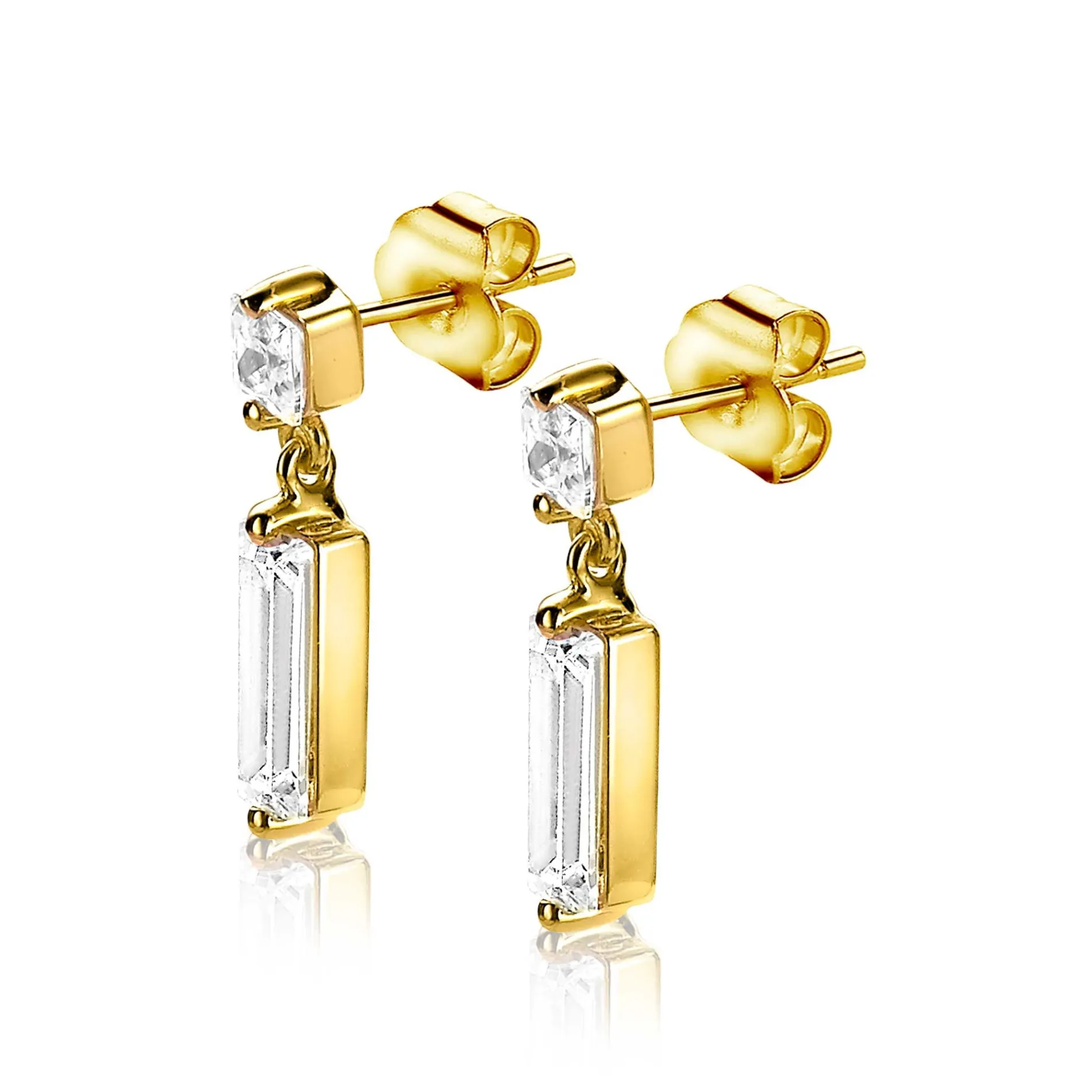 ZINZI zilveren oorsieraden geel verguld 15mm baguette rechthoek vierkant wit ZIO2056Y