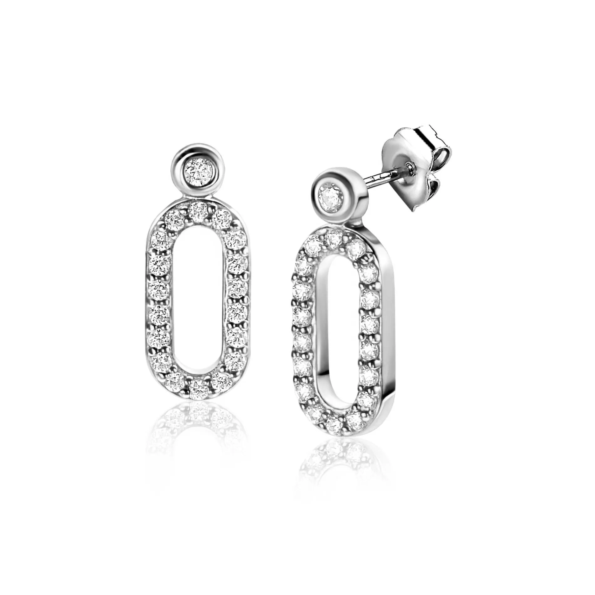 ZINZI zilveren oorstekers (13mm) met een open ovale vorm bezet met witte zirconia's ZIO2398