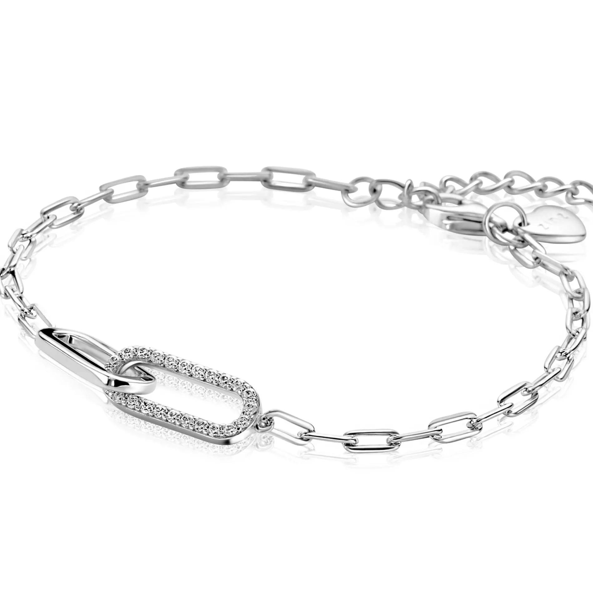 ZINZI zilveren paperclip schakelarmband met twee verbonden ovale schakels bezet met witte zirkonia's 17-20cm ZIA2690