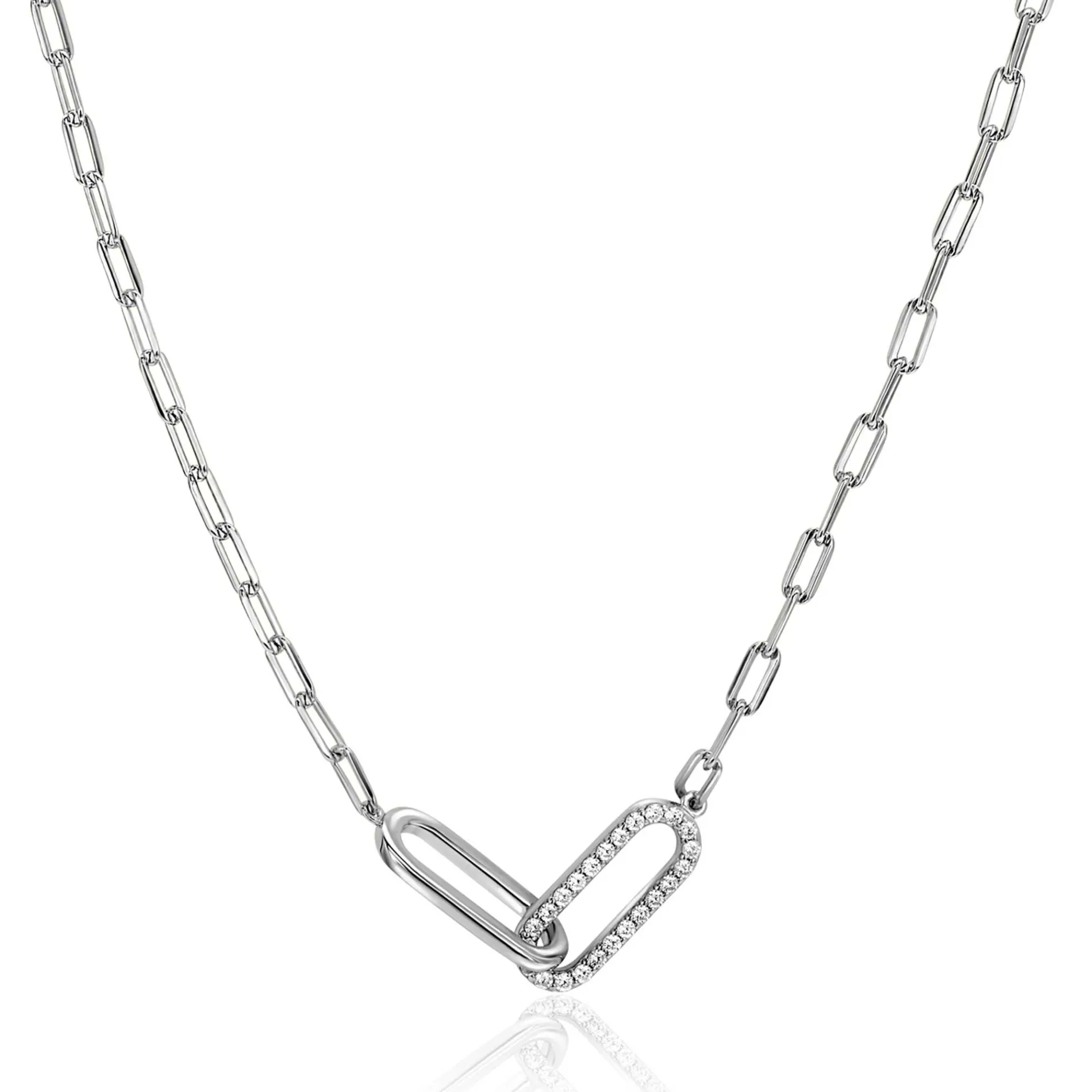 ZINZI zilveren paperclip schakelketting met twee verbonden schakels bezet met witte zirkonia's 40-45cm ZIC2690