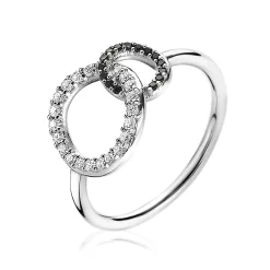 ZINZI zilveren ring 2 ronde vormen verbonden zwart wit ZIR1987