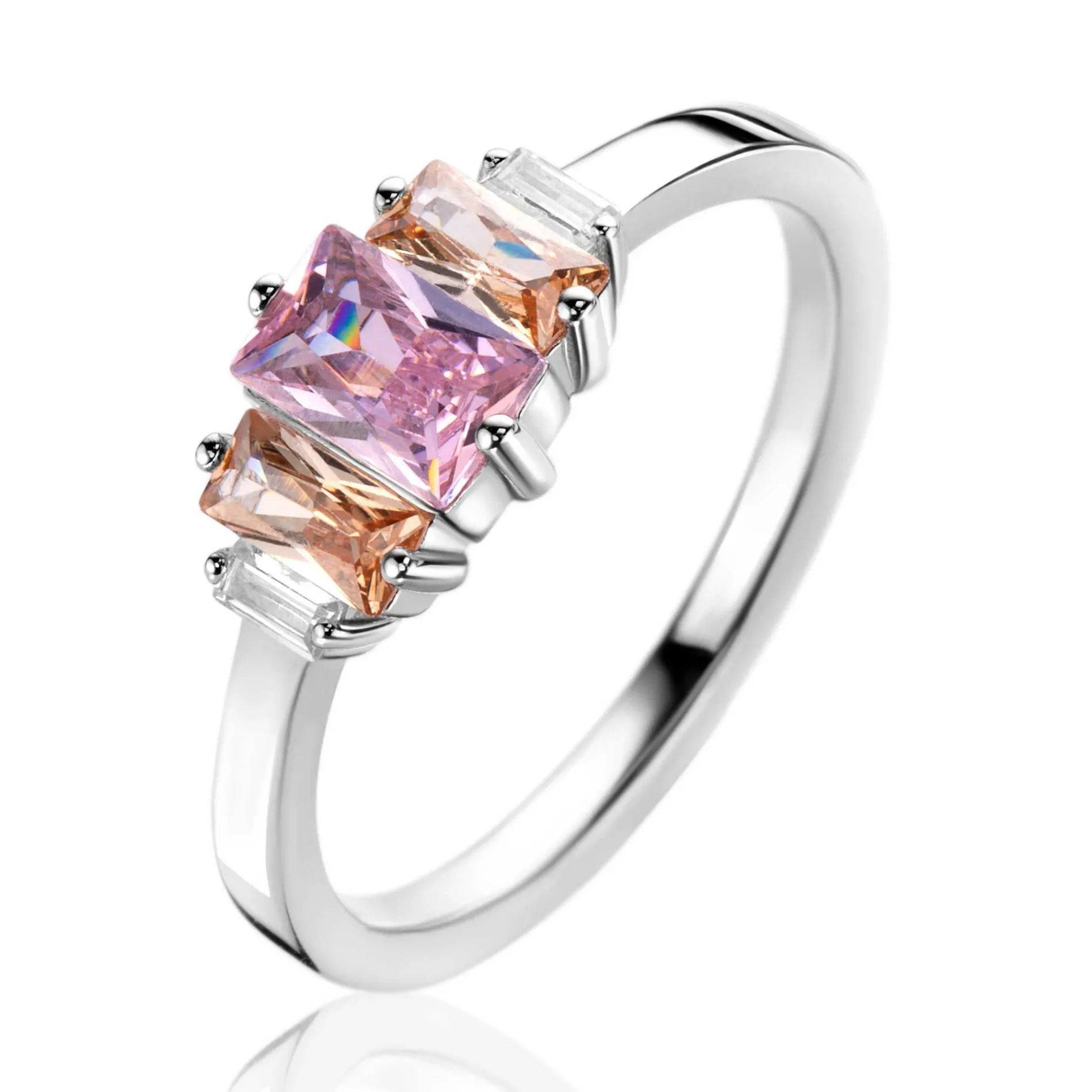 ZINZI zilveren ring, bezet met baguette geslepen zirconia's in de kleuren wit, champagne en roze ZIR2490