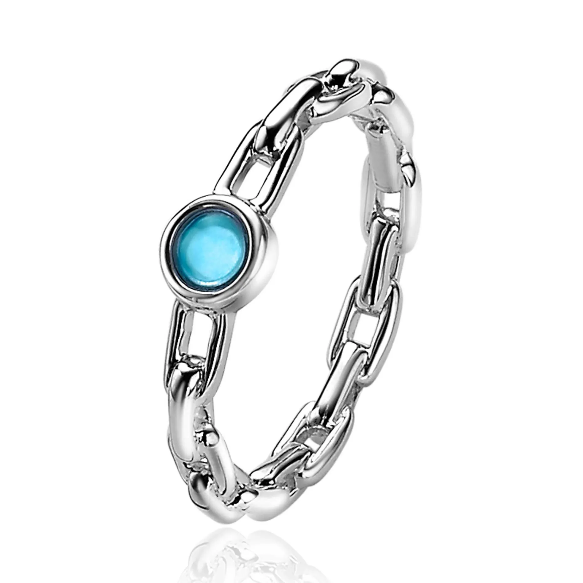 ZINZI zilveren ring paperclip schakel turquoise blauw rond ZIR2173