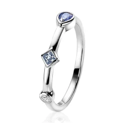 ZINZI zilveren ring rond driehoek druppel wit blauw ZIR2091