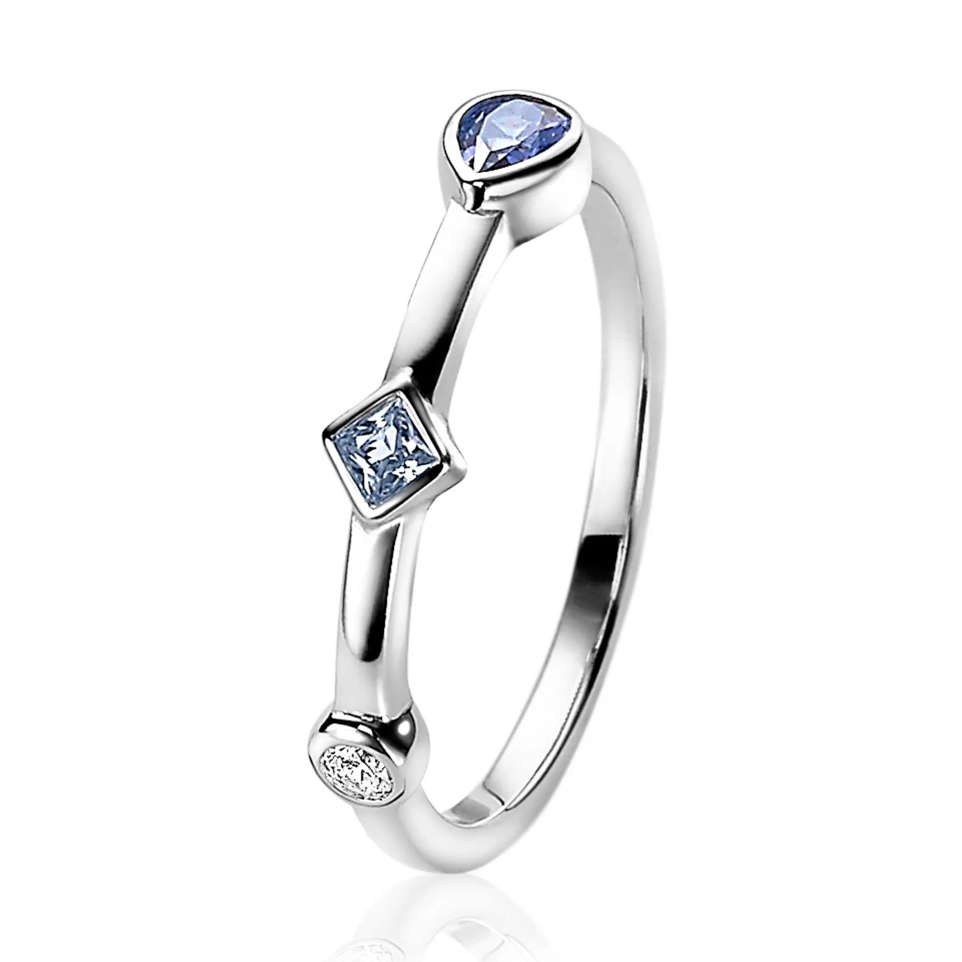 ZINZI zilveren ring rond driehoek druppel wit blauw ZIR2091