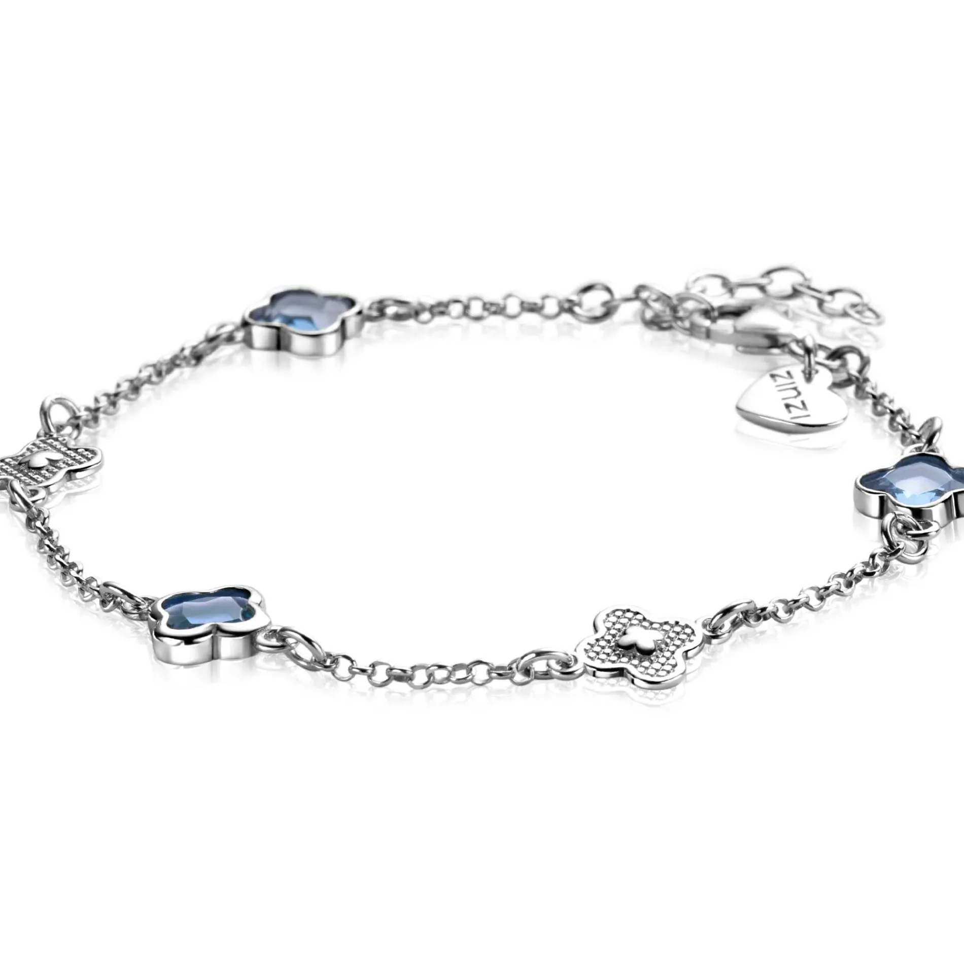 ZINZI zilveren schakel armband met twee zilveren en drie blauwe klavers 16-19cm ZIA2582