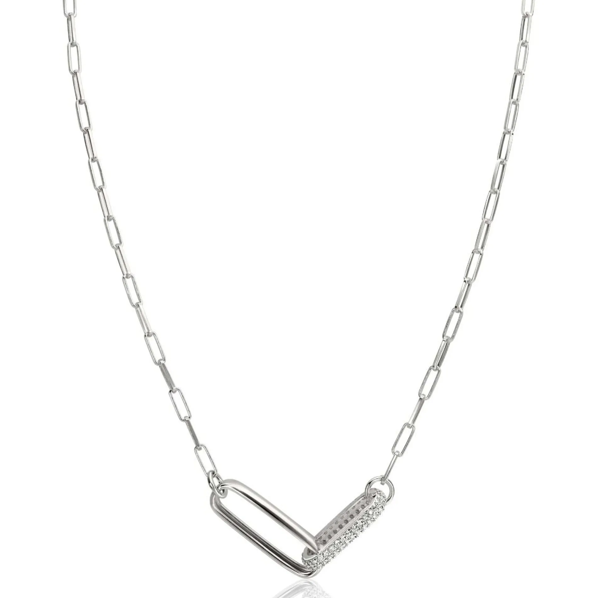 ZINZI zilveren schakel ketting 45cm met 2 grote ovale schakels, bezet met witte zirconia ZIC2371