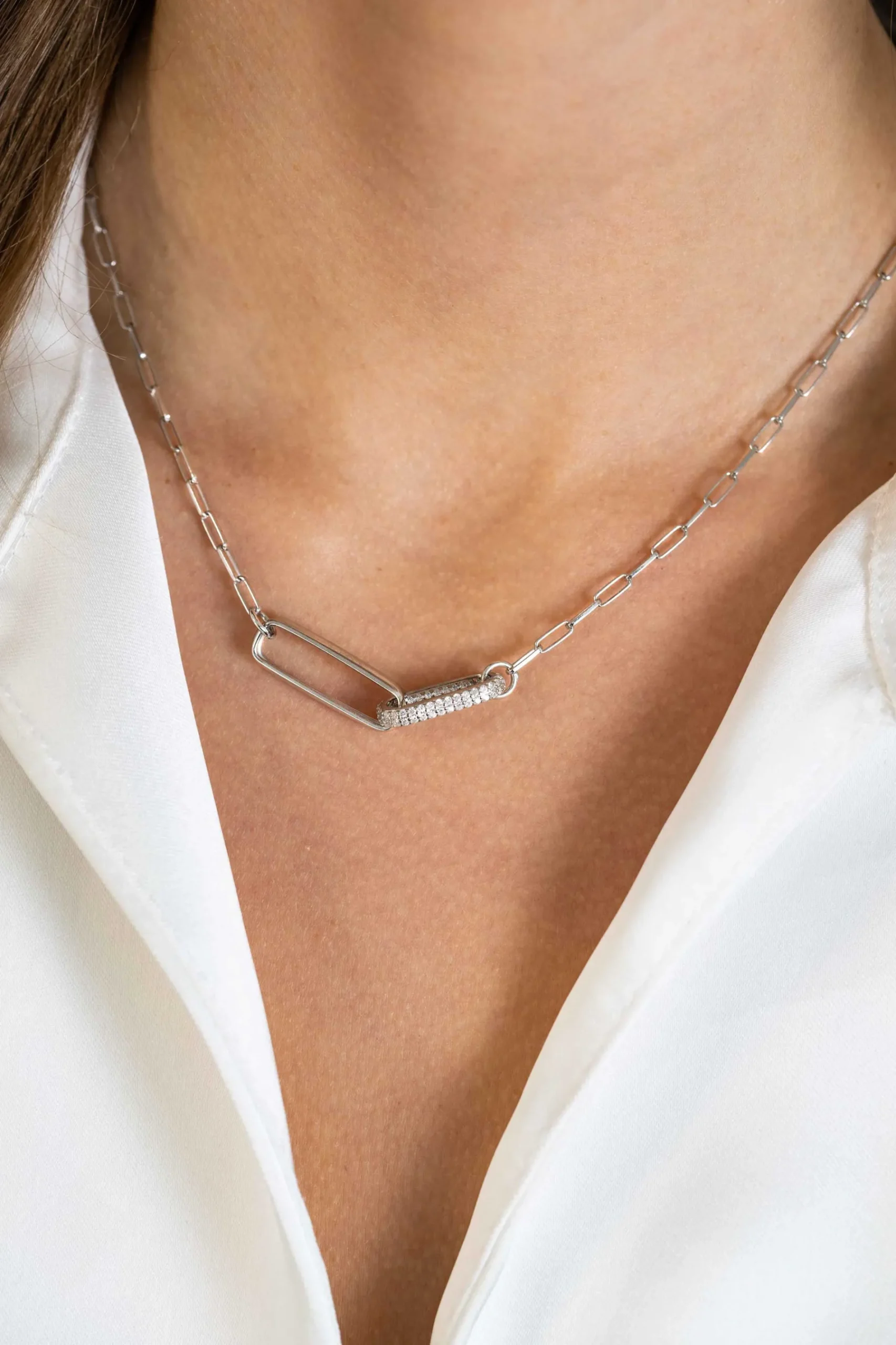 ZINZI zilveren schakel ketting 45cm met 2 grote ovale schakels, bezet met witte zirconia ZIC2371