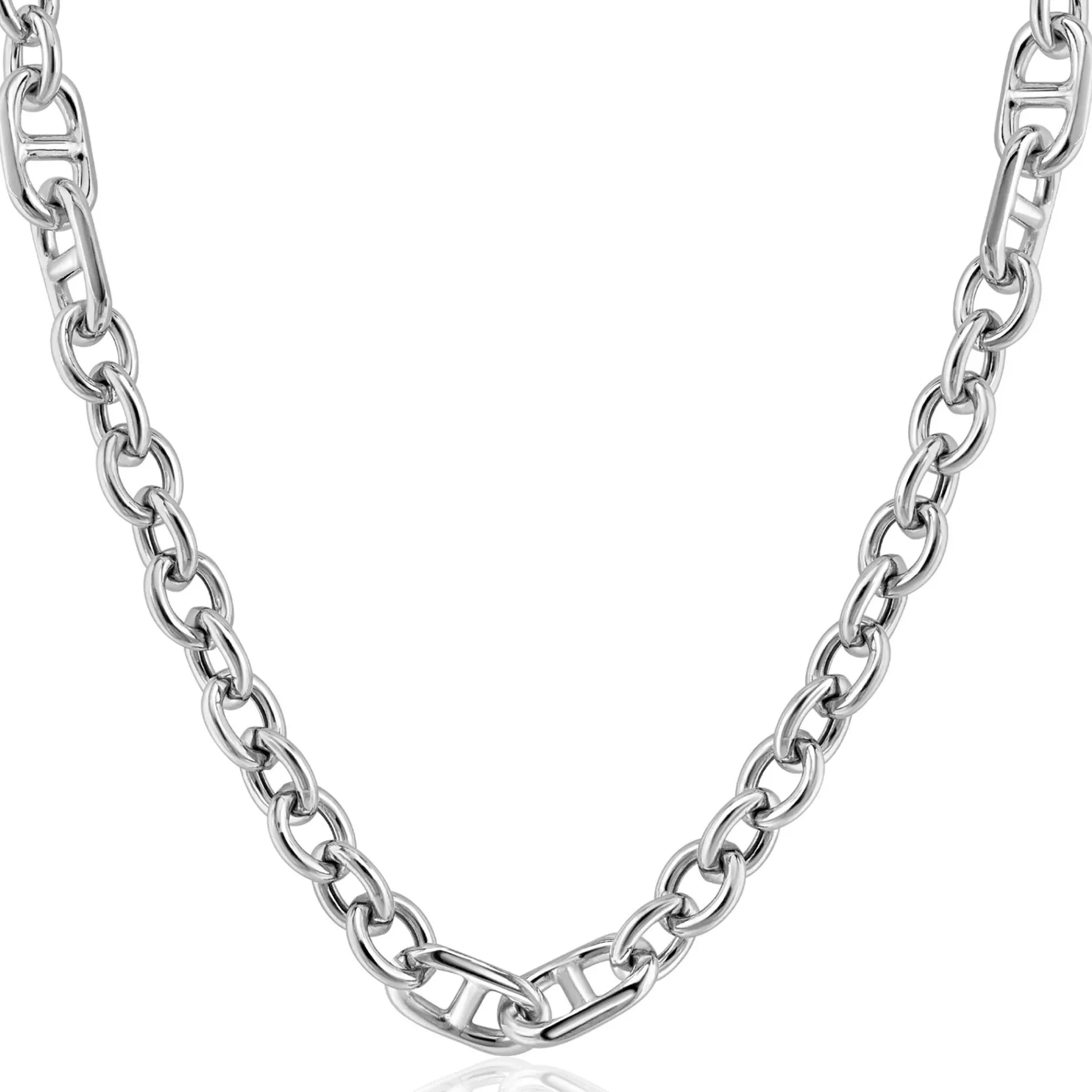 ZINZI zilveren schakel ketting, waarbij ronde schakels zijn gecombineerd met trendy grotere marine schakels 7,4mm breed 42-45cm ZIC2580