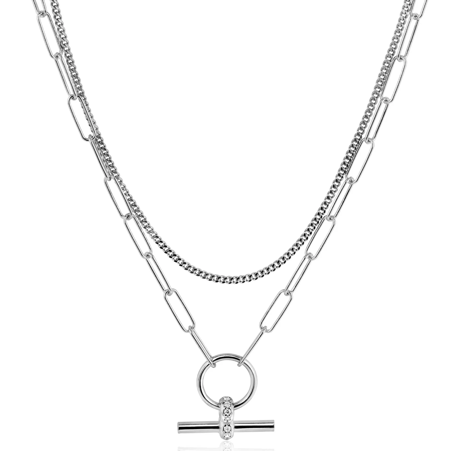 ZINZI zilveren schakel ketting 50cm met multilook: combinatie van gourmet en paperclip schakels en trendy T-bar bezet met witte zirconia's ZIC2462