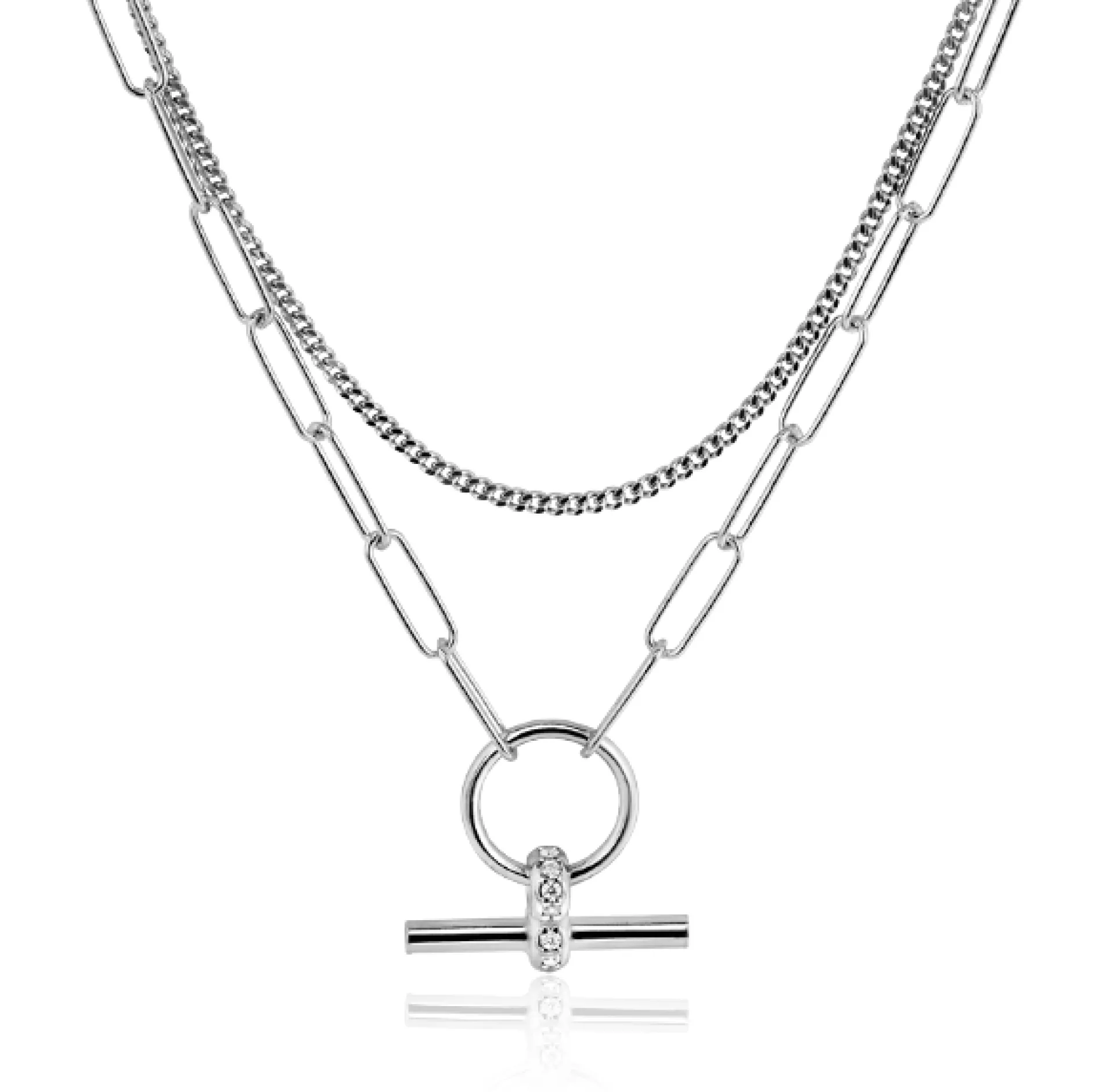 ZINZI zilveren schakel ketting 50cm met multilook: combinatie van gourmet en paperclip schakels en trendy T-bar bezet met witte zirconia's ZIC2462