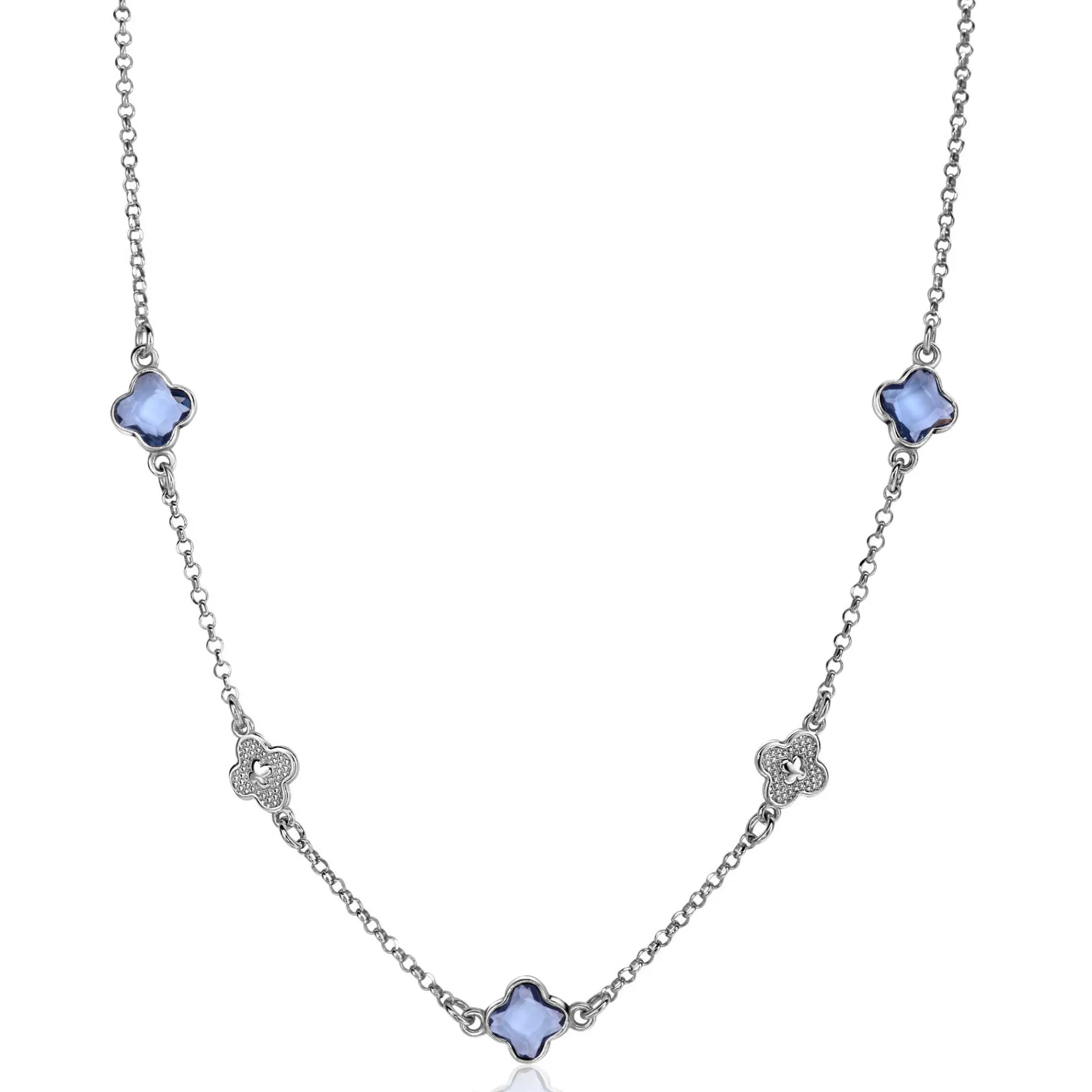 ZINZI zilveren schakel ketting met twee zilveren en drie blauwe klavers 40-45cm ZIC2582